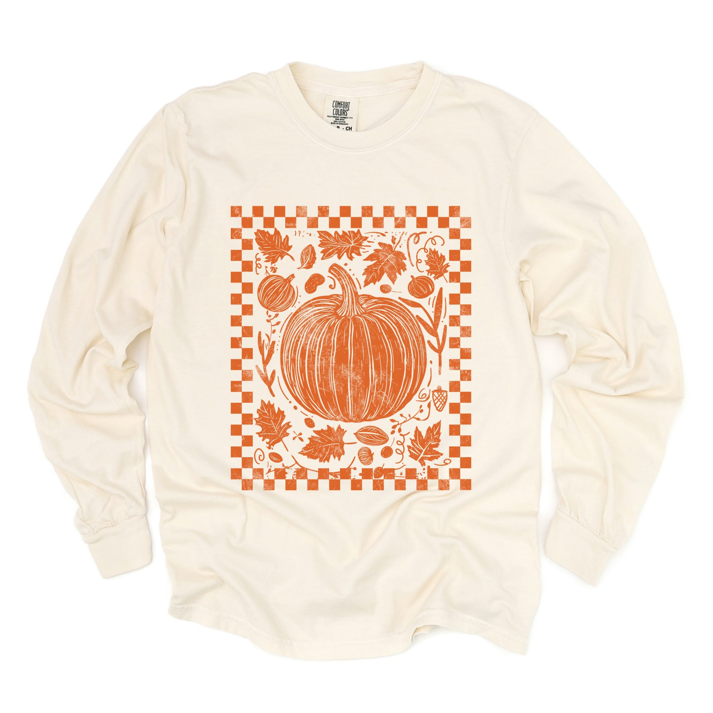 Pumpkin Checkered Distressed - Women's Garment Dyed Long Sleeve Graphic T-Shirt