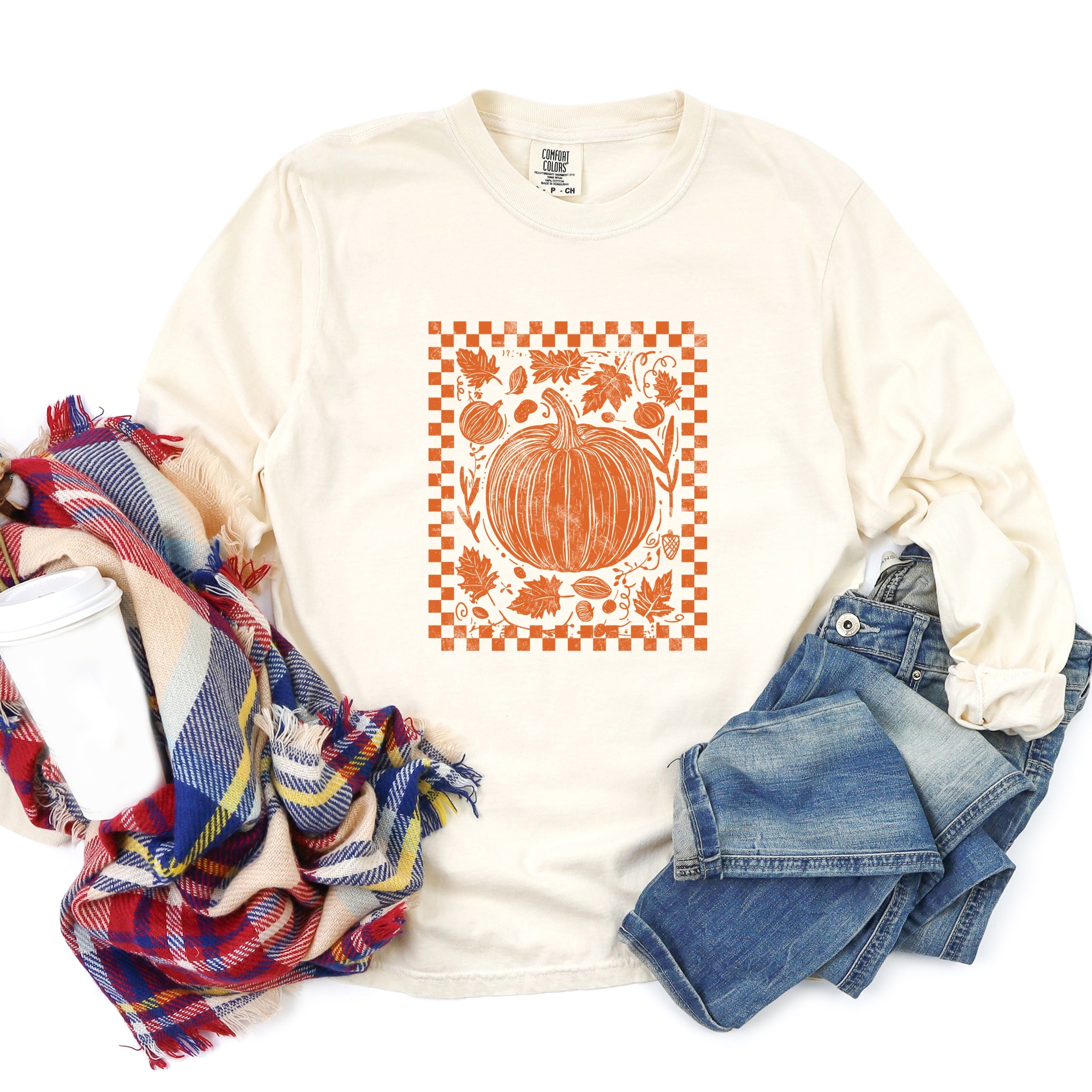 Pumpkin Checkered Distressed - Women's Garment Dyed Long Sleeve Graphic T-Shirt