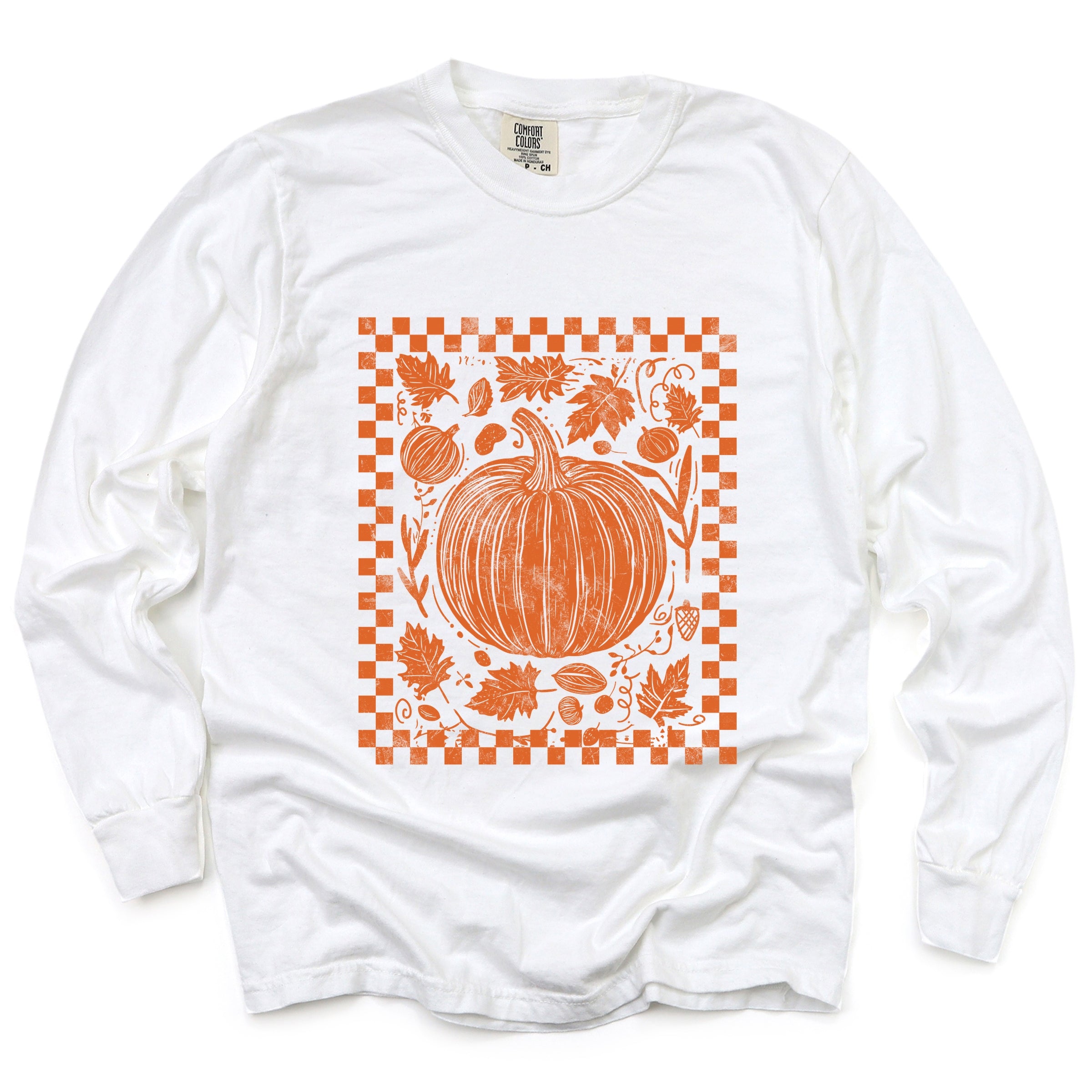 Pumpkin Checkered Distressed - Women's Garment Dyed Long Sleeve Graphic T-Shirt