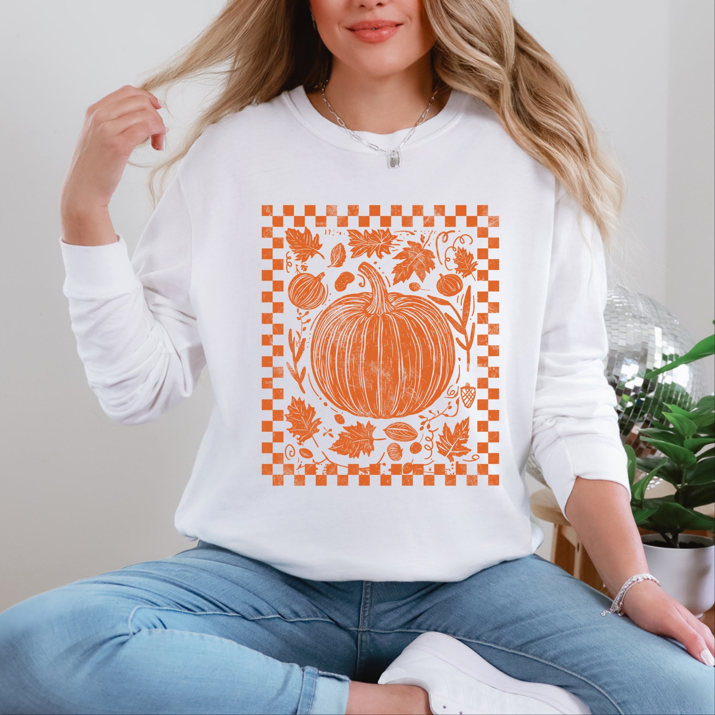Pumpkin Checkered Distressed - Women's Garment Dyed Long Sleeve Graphic T-Shirt