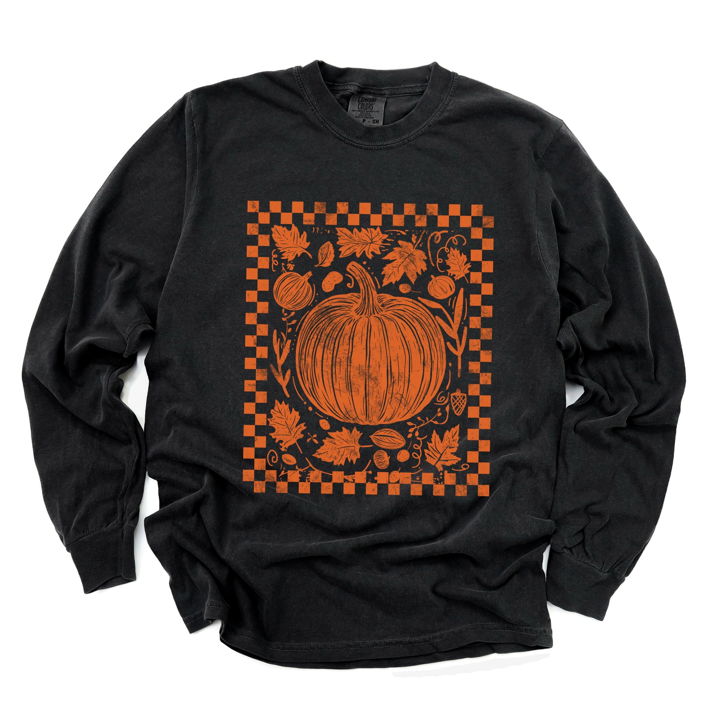 Pumpkin Checkered Distressed - Women's Garment Dyed Long Sleeve Graphic T-Shirt