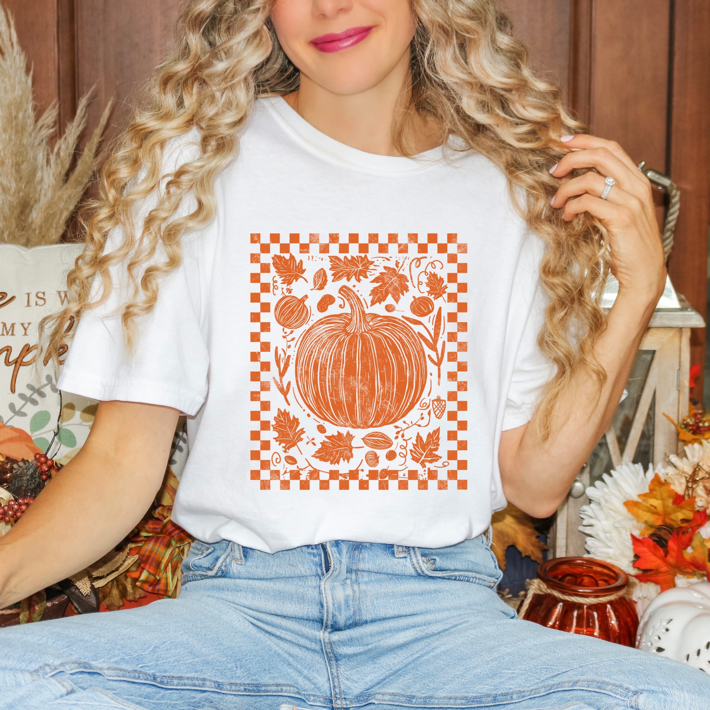 Pumpkin Checkered Distressed - Women's Garment Dyed Graphic T-Shirt