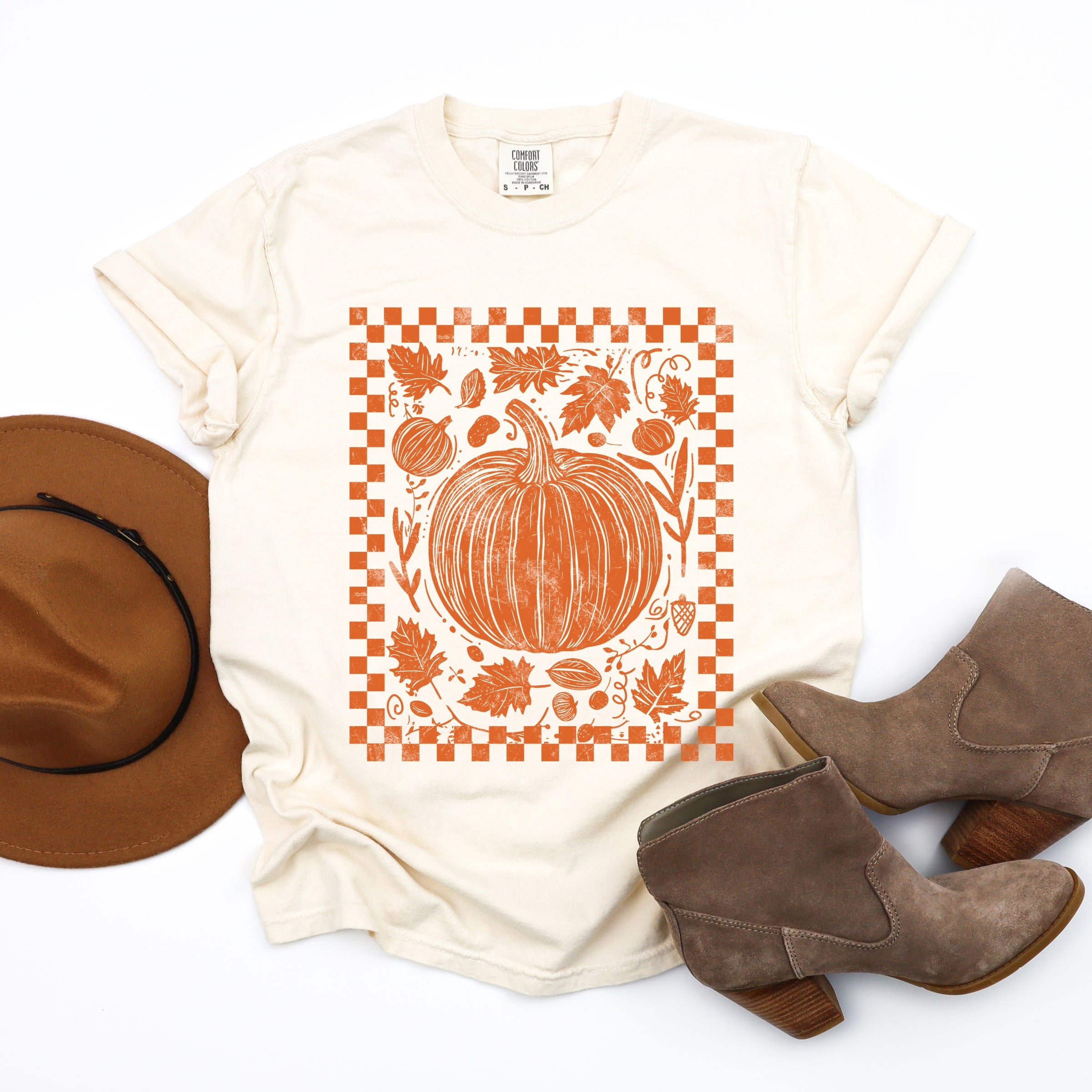 Pumpkin Checkered Distressed - Women's Garment Dyed Graphic T-Shirt