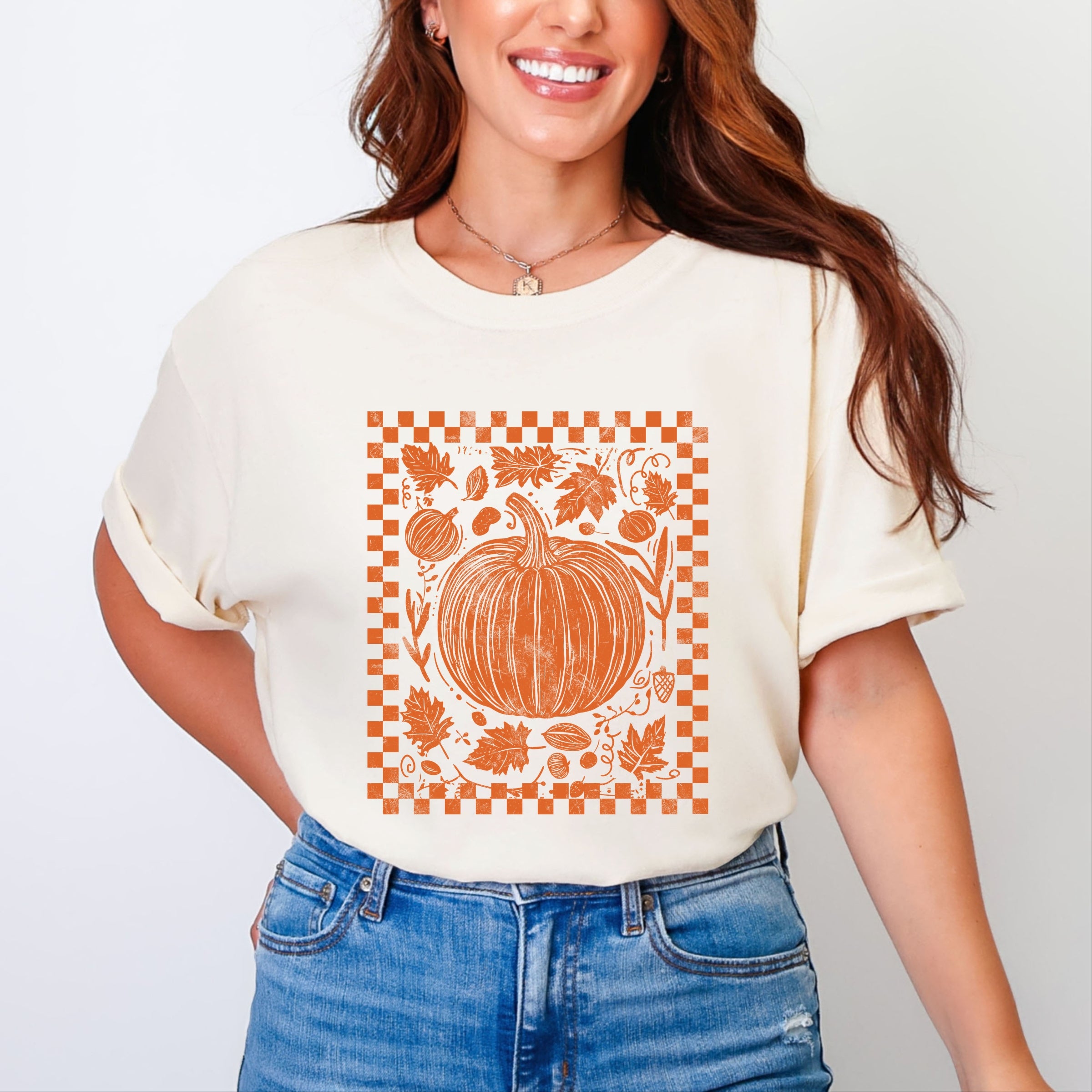 Pumpkin Checkered Distressed - Women's Garment Dyed Graphic T-Shirt