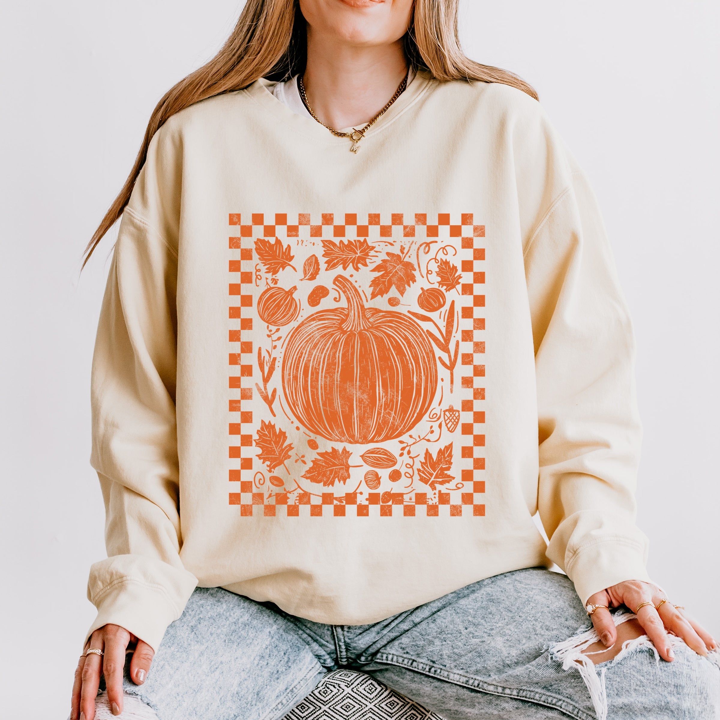 Pumpkin Checkered Distressed - Women's Lightweight Garment Dyed Sweatshirt