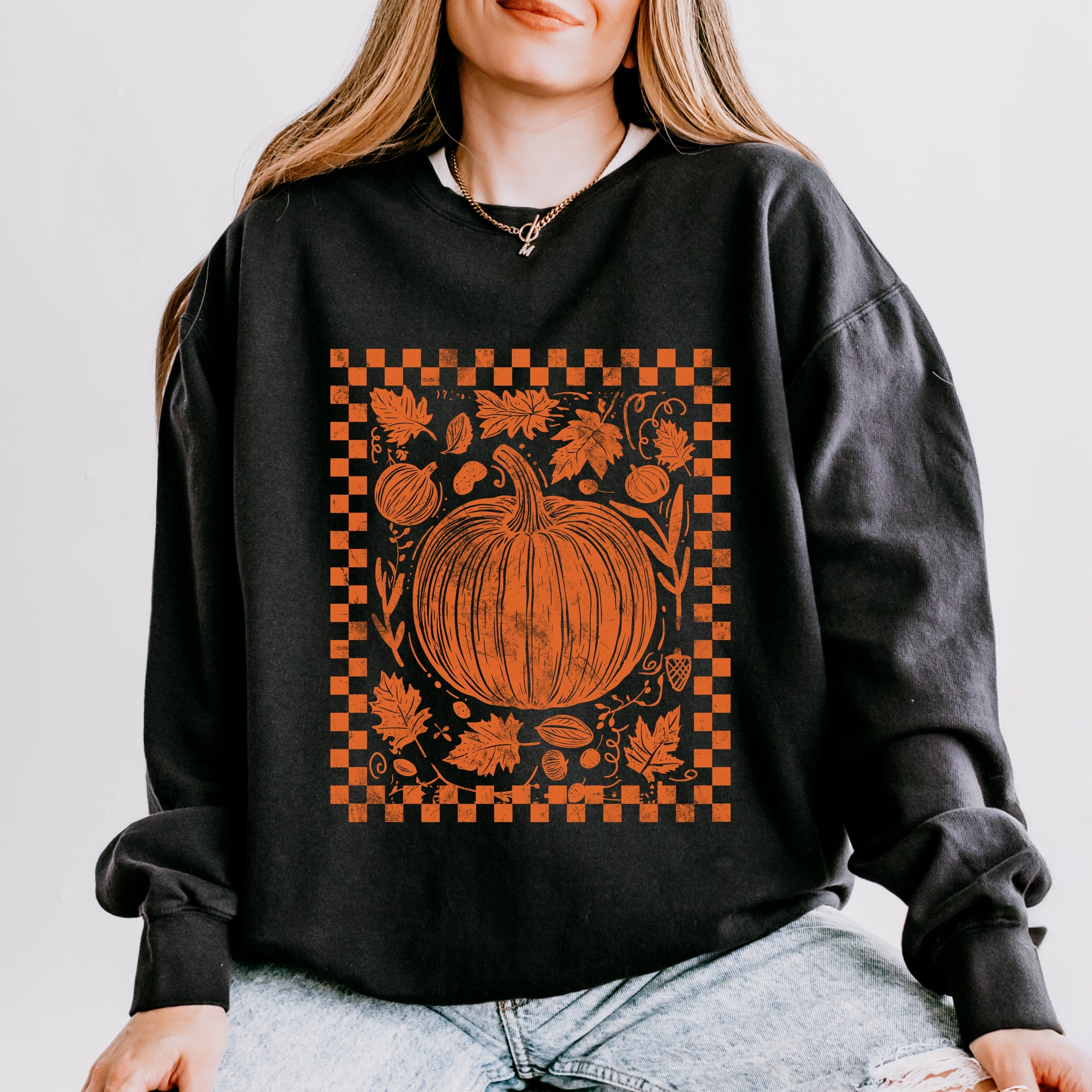 Pumpkin Checkered Distressed - Women's Lightweight Garment Dyed Sweatshirt