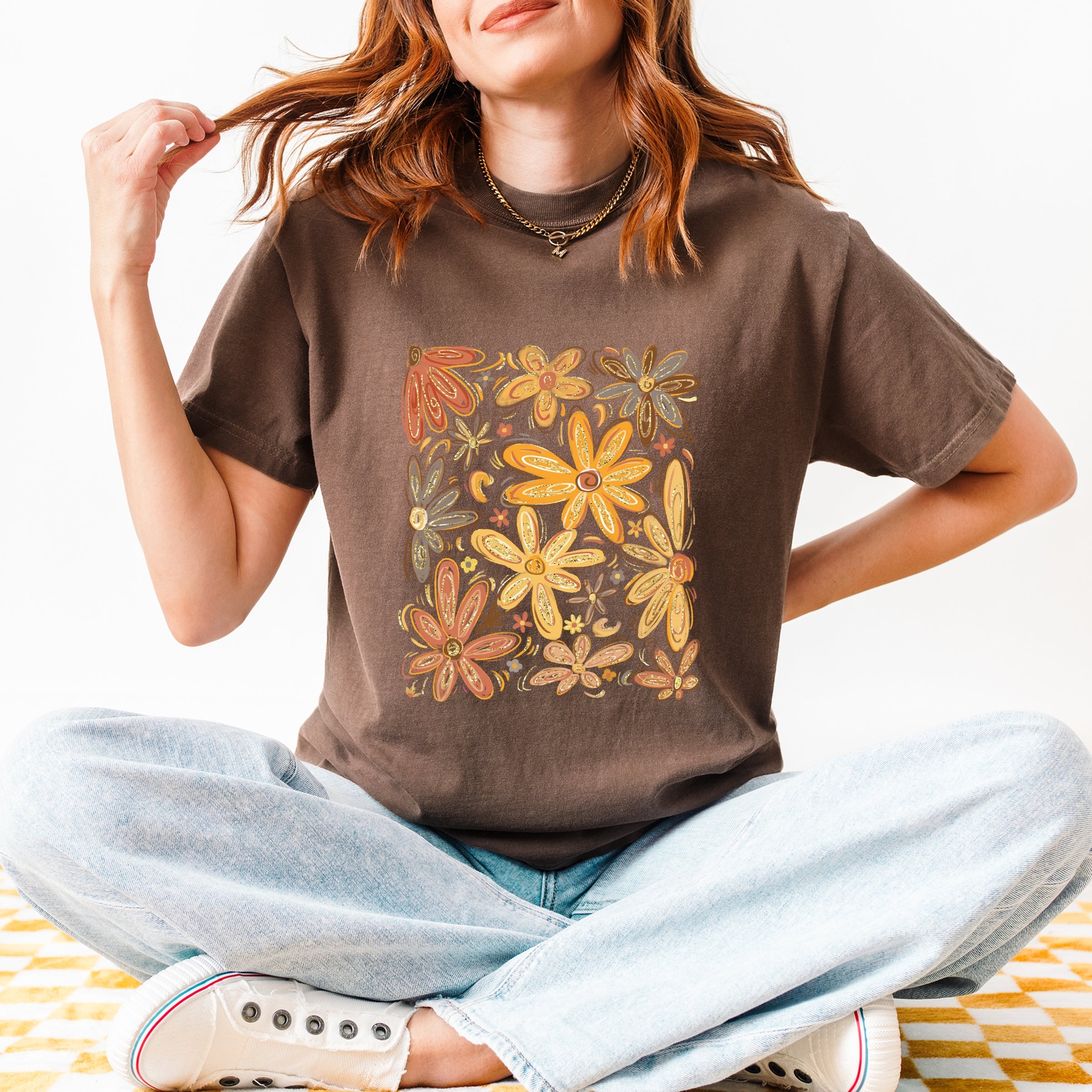 Fall Floral Glitter - Women's Garment Dyed Graphic T-Shirt