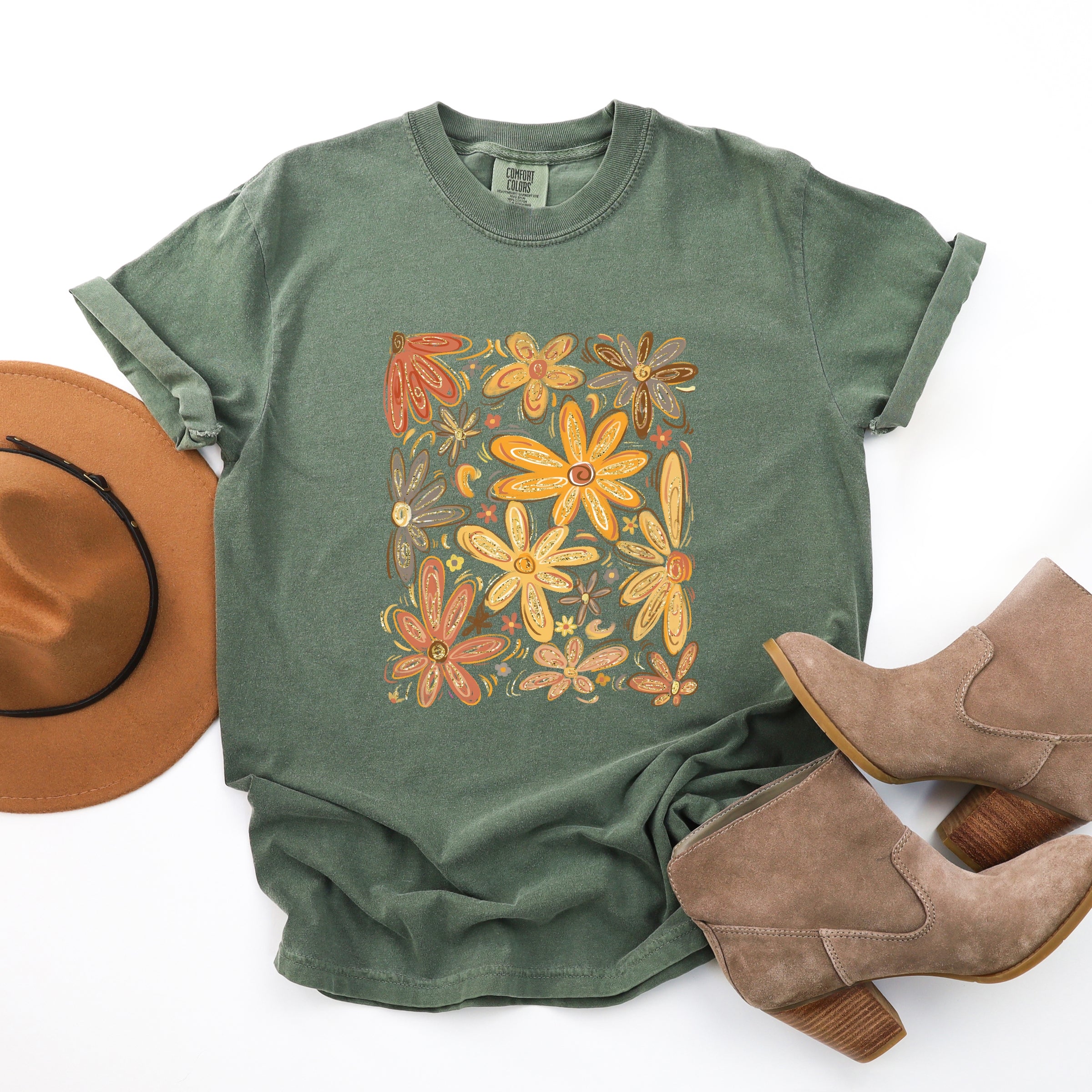 Fall Floral Glitter - Women's Garment Dyed Graphic T-Shirt
