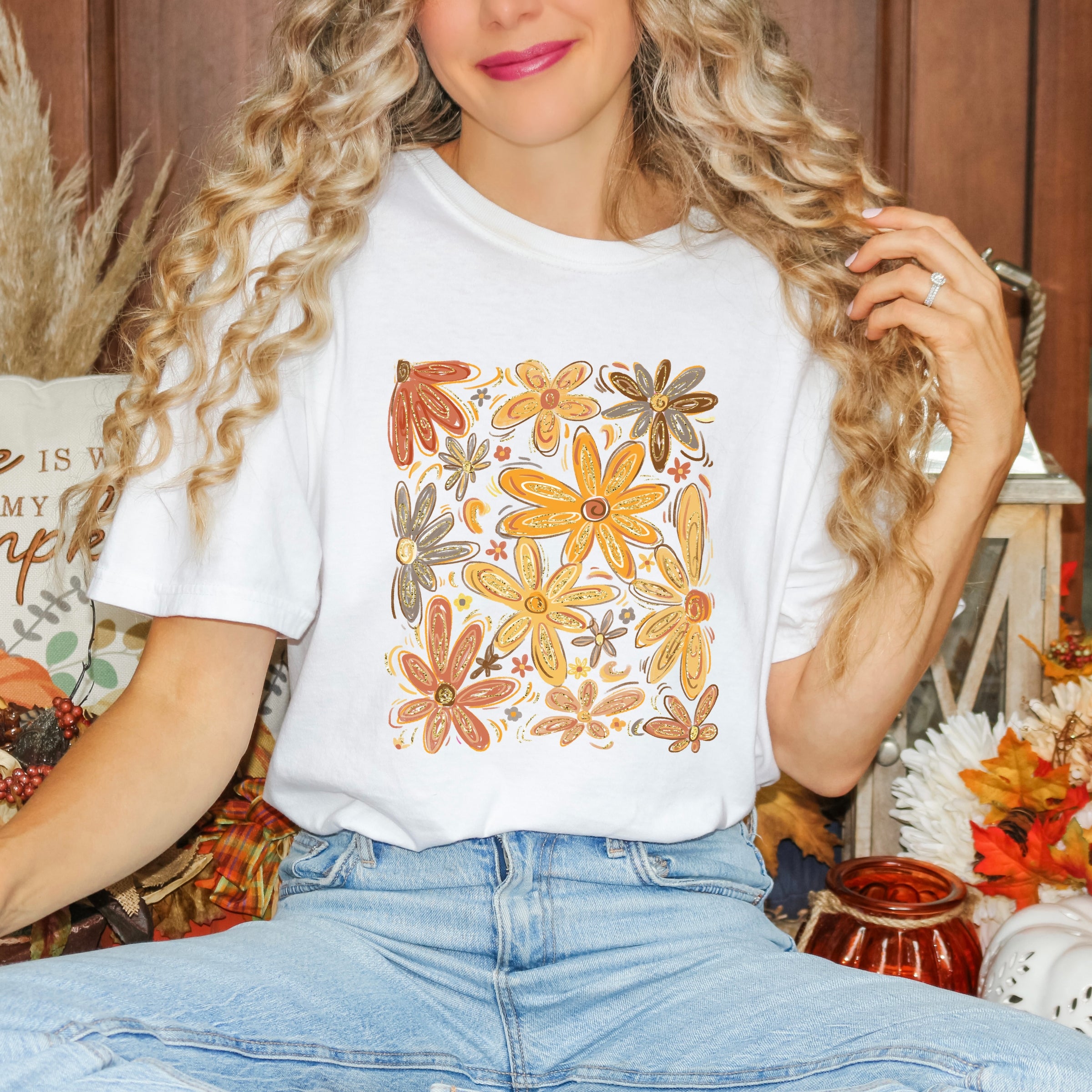 Fall Floral Glitter - Women's Garment Dyed Graphic T-Shirt