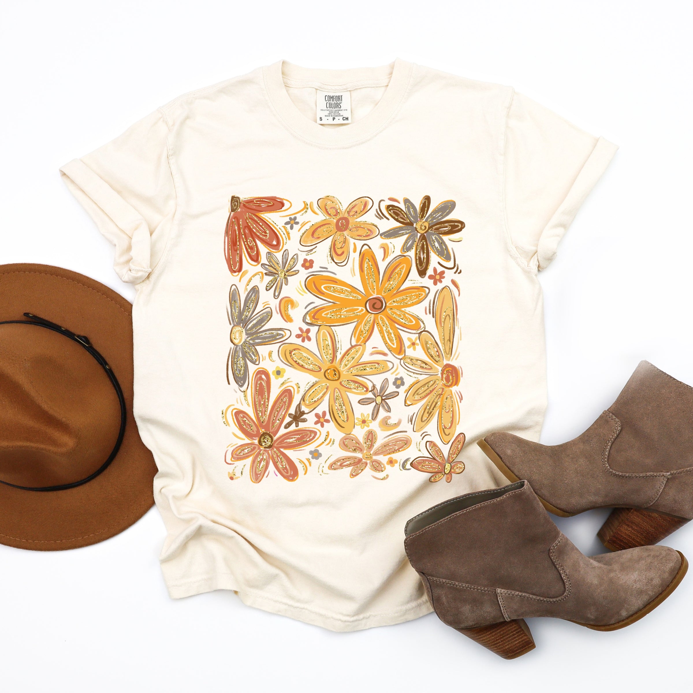 Fall Floral Glitter - Women's Garment Dyed Graphic T-Shirt