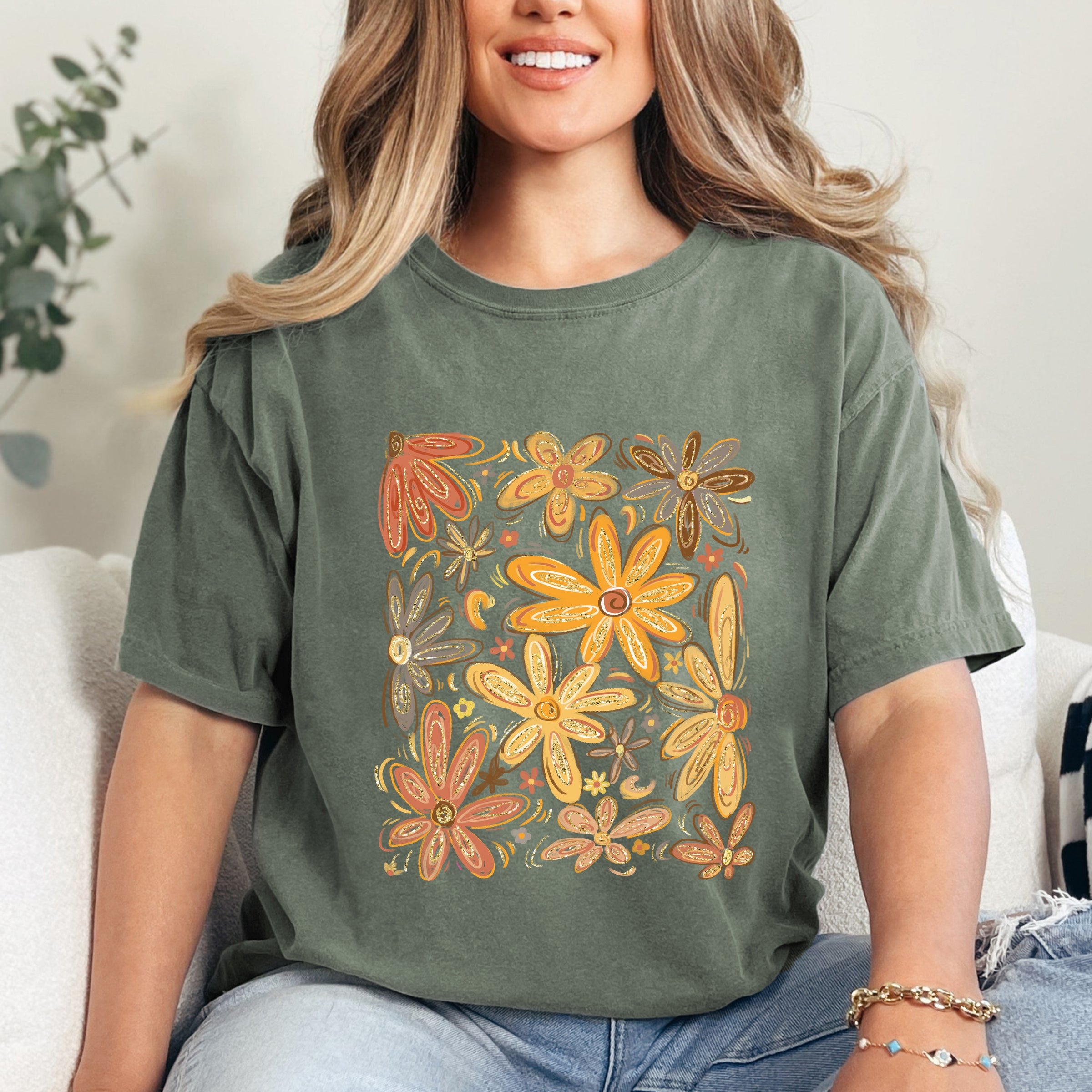 Fall Floral Glitter - Women's Garment Dyed Graphic T-Shirt