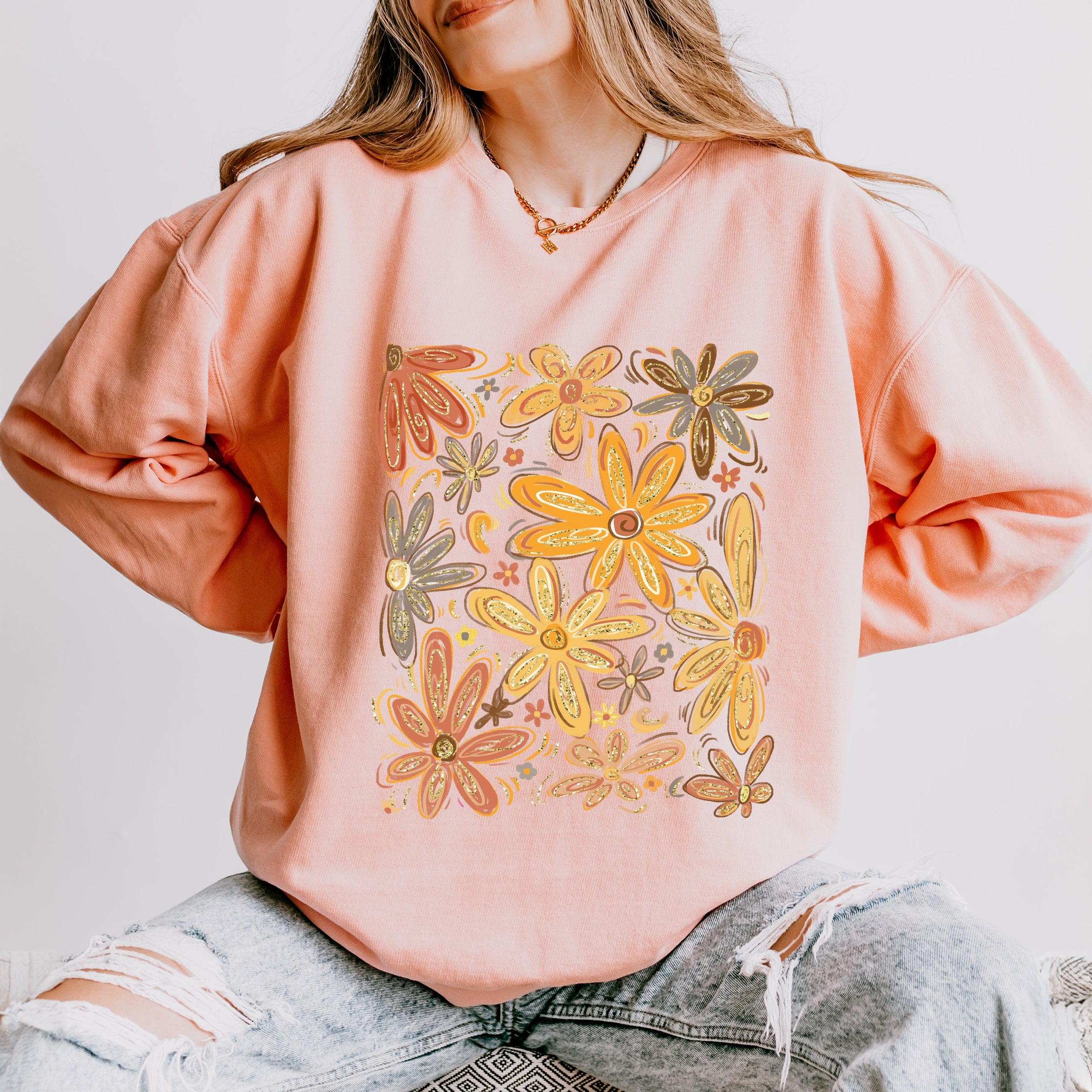 Fall Floral Glitter - Women's Lightweight Garment Dyed Sweatshirt