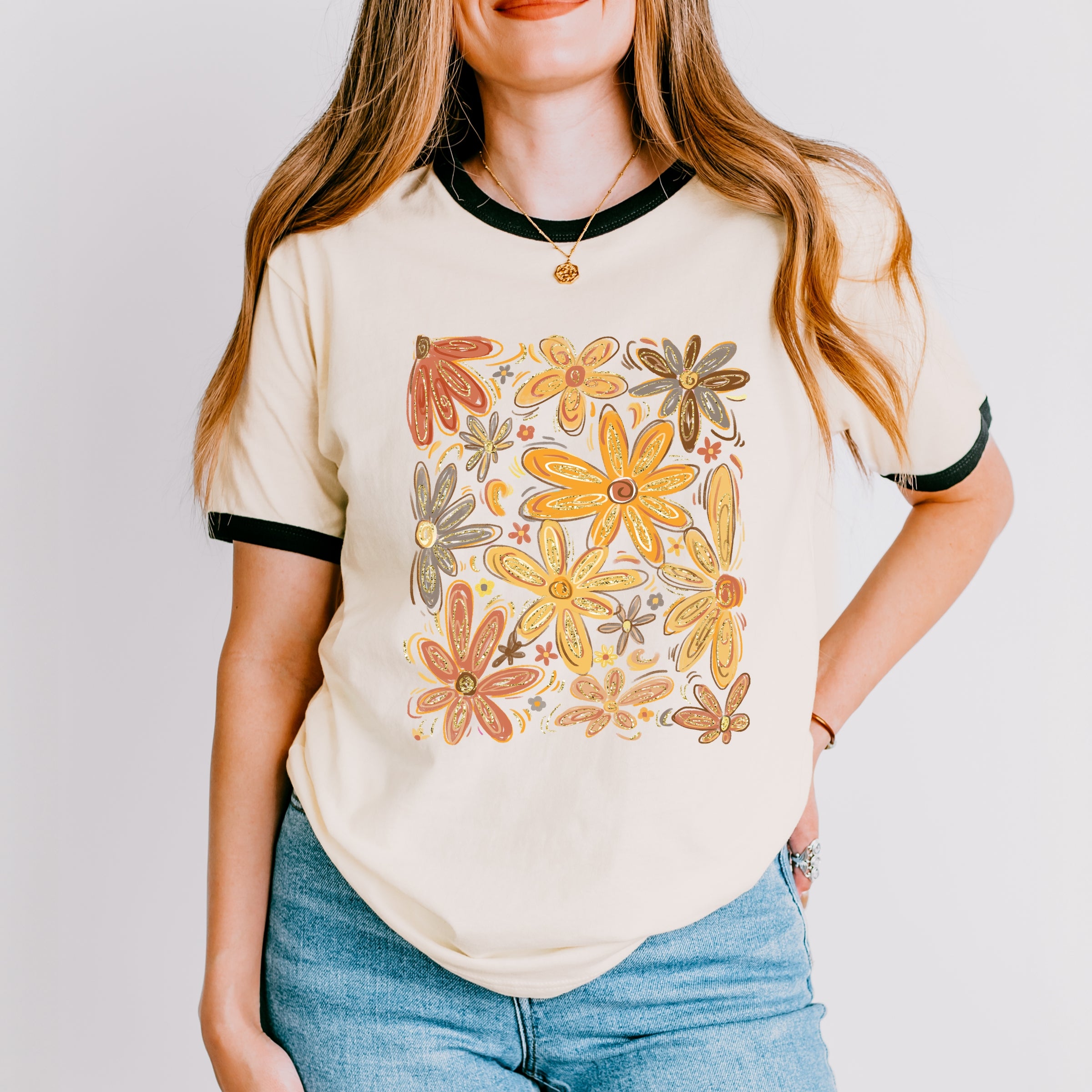Fall Floral Glitter - Women's Ringer Graphic T-Shirt
