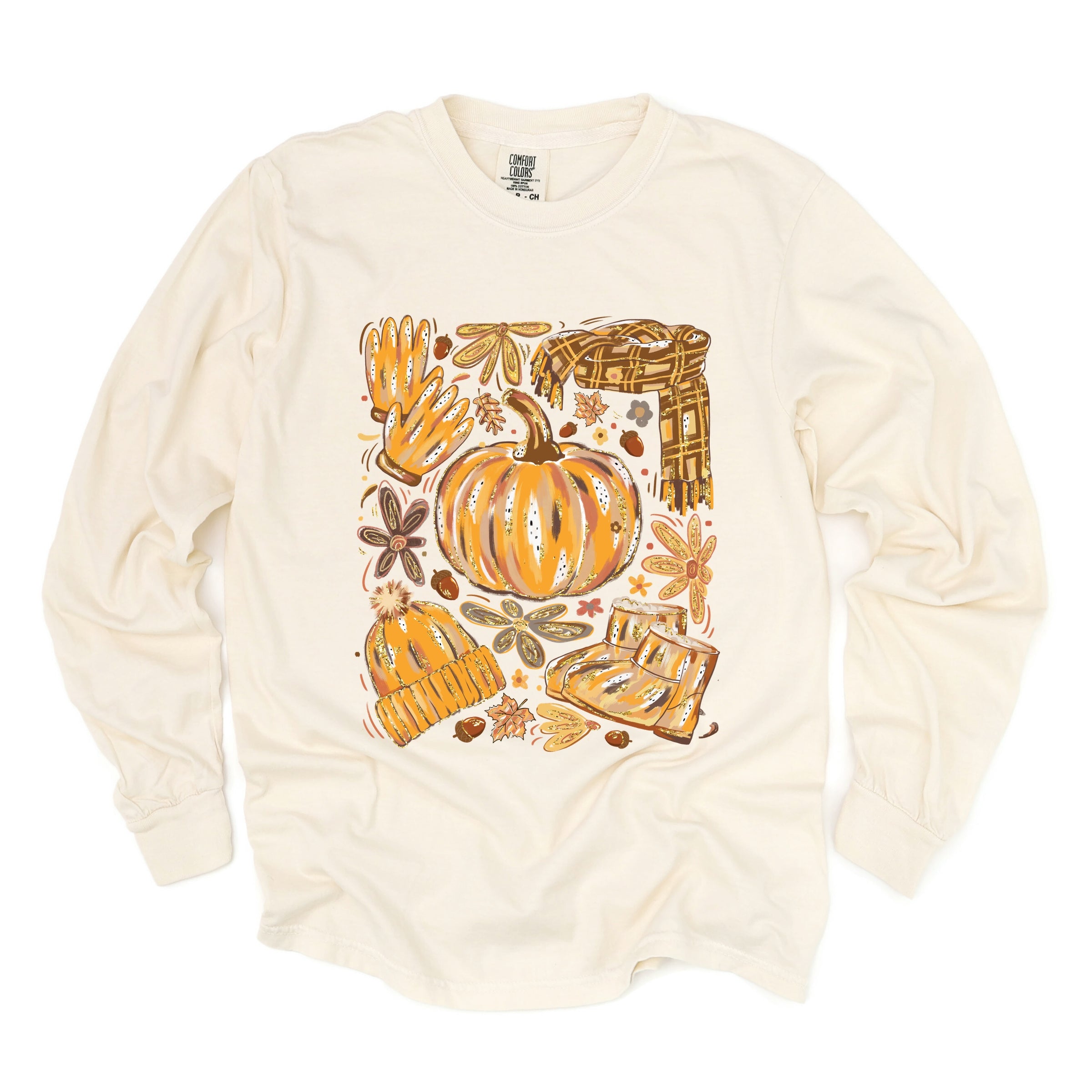 Fall Pumpkin Collage Glitter - Women's Garment Dyed Long Sleeve Graphic T-Shirt
