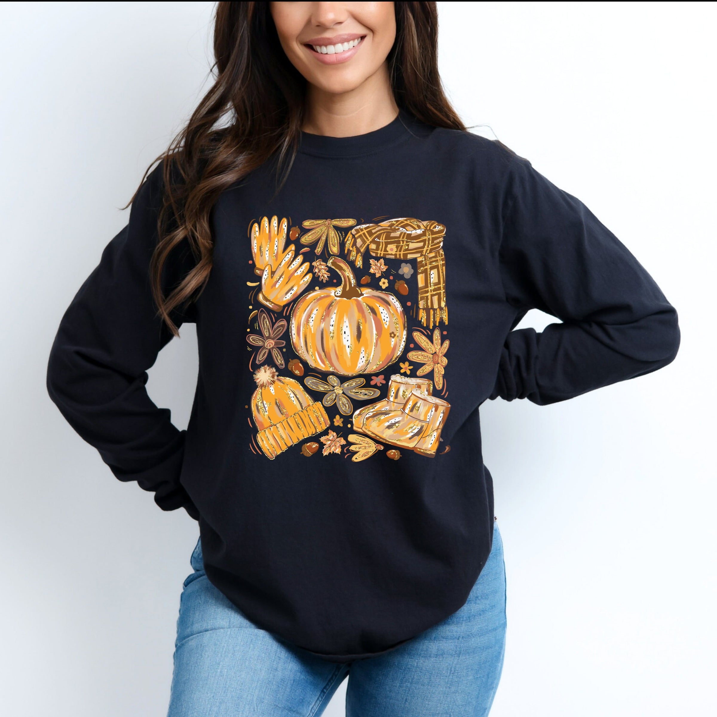 Fall Pumpkin Collage Glitter - Women's Garment Dyed Long Sleeve Graphic T-Shirt