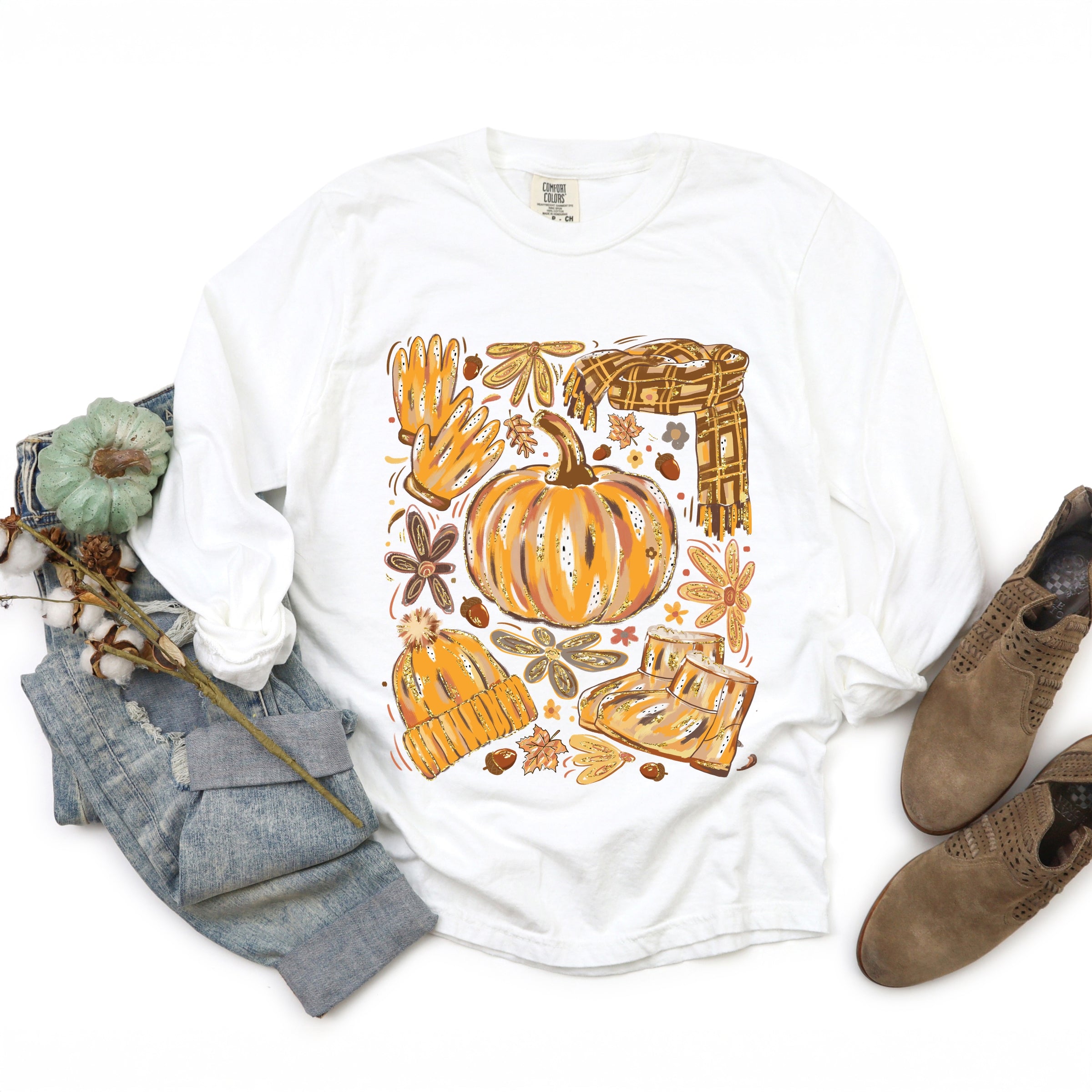 Fall Pumpkin Collage Glitter - Women's Garment Dyed Long Sleeve Graphic T-Shirt