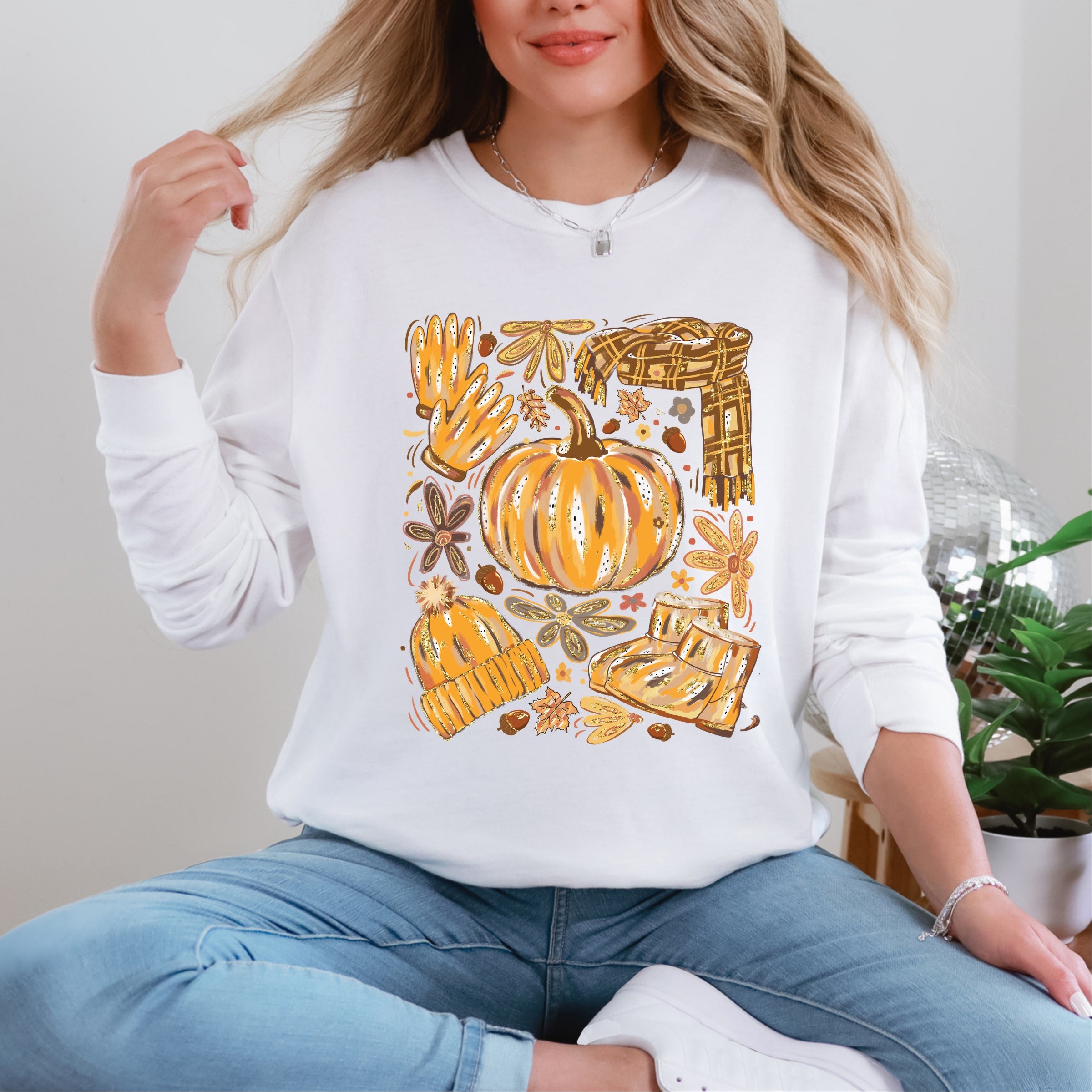 Fall Pumpkin Collage Glitter - Women's Garment Dyed Long Sleeve Graphic T-Shirt
