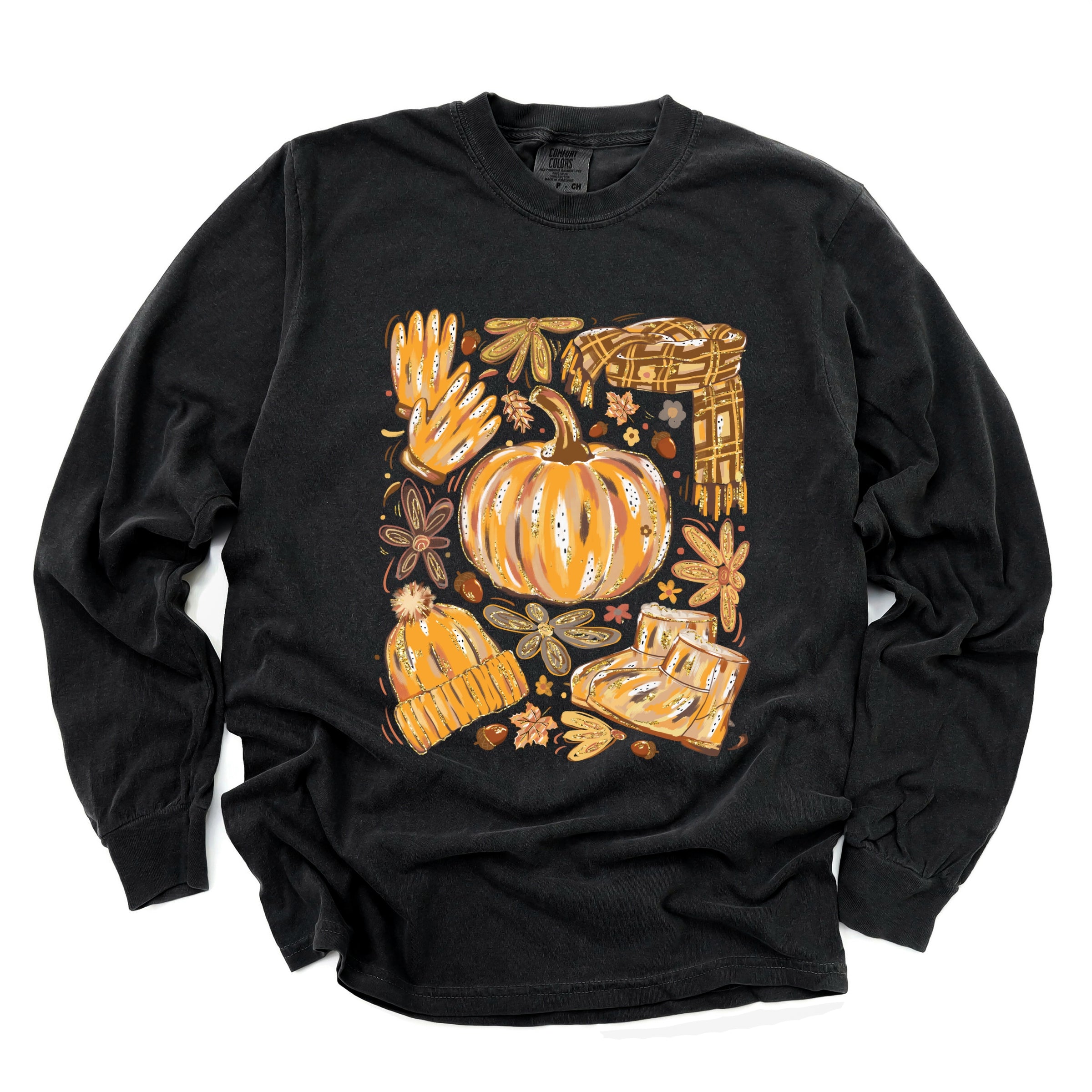 Fall Pumpkin Collage Glitter - Women's Garment Dyed Long Sleeve Graphic T-Shirt