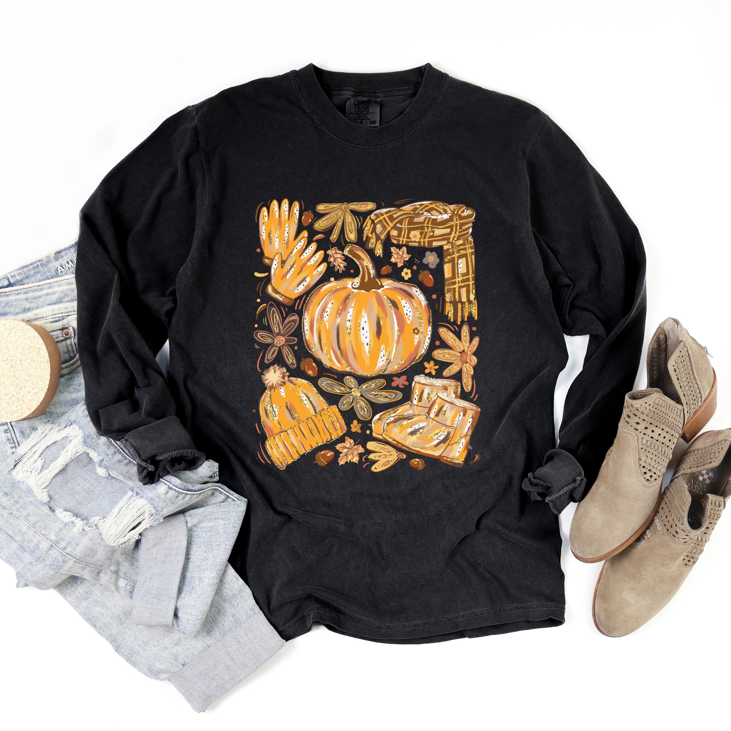 Fall Pumpkin Collage Glitter - Women's Garment Dyed Long Sleeve Graphic T-Shirt