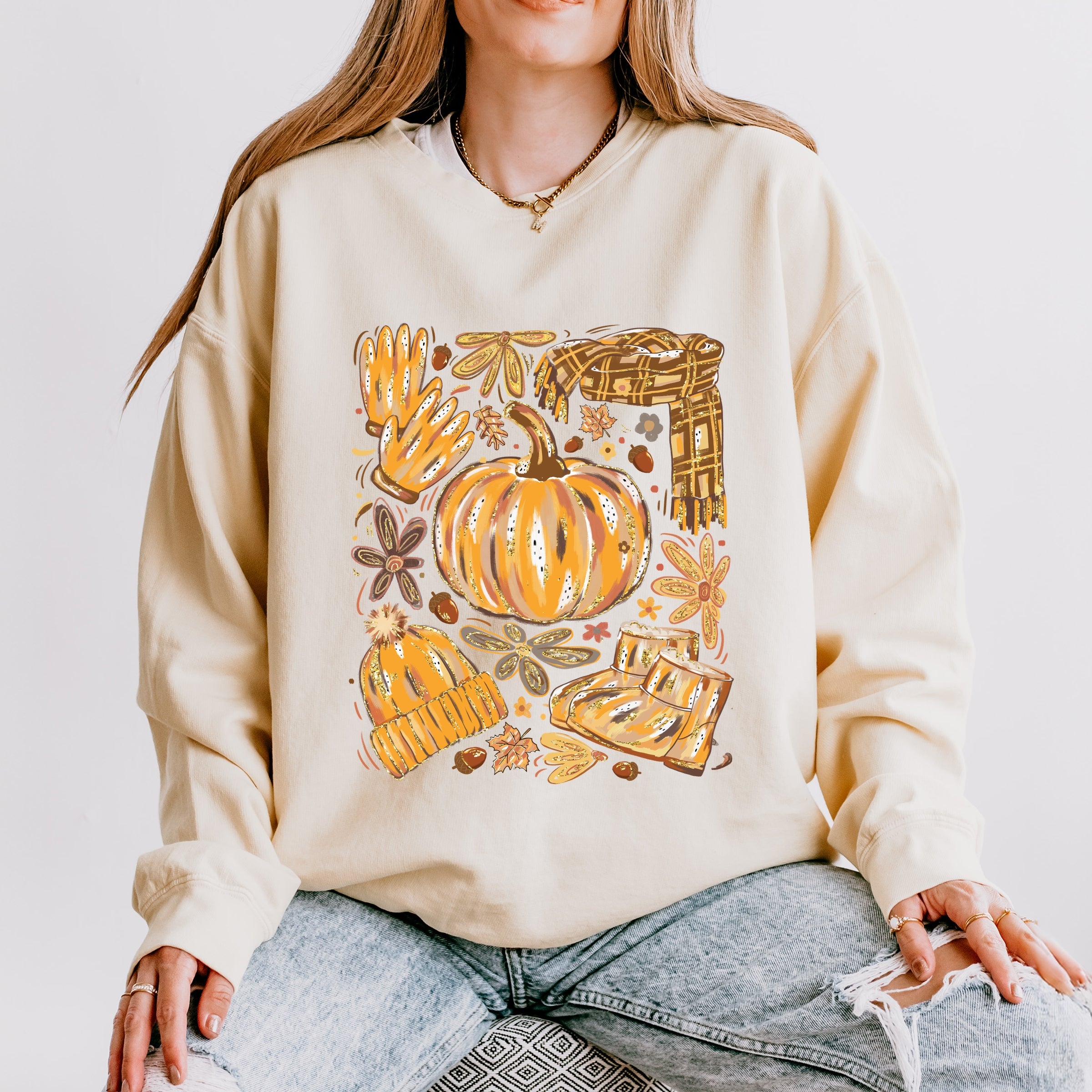 Fall Pumpkin Collage Glitter - Women's Lightweight Garment Dyed Sweatshirt