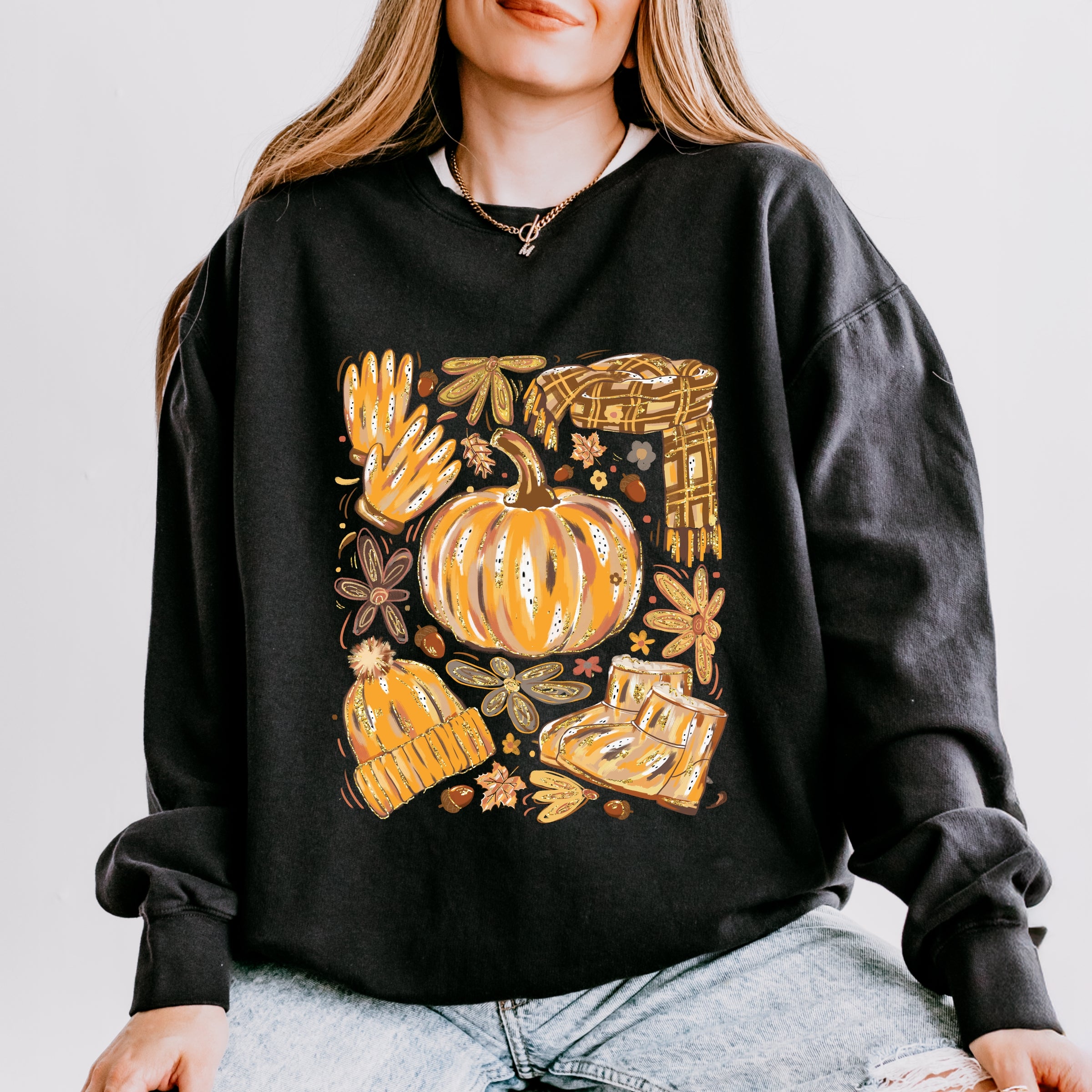 Fall Pumpkin Collage Glitter - Women's Lightweight Garment Dyed Sweatshirt
