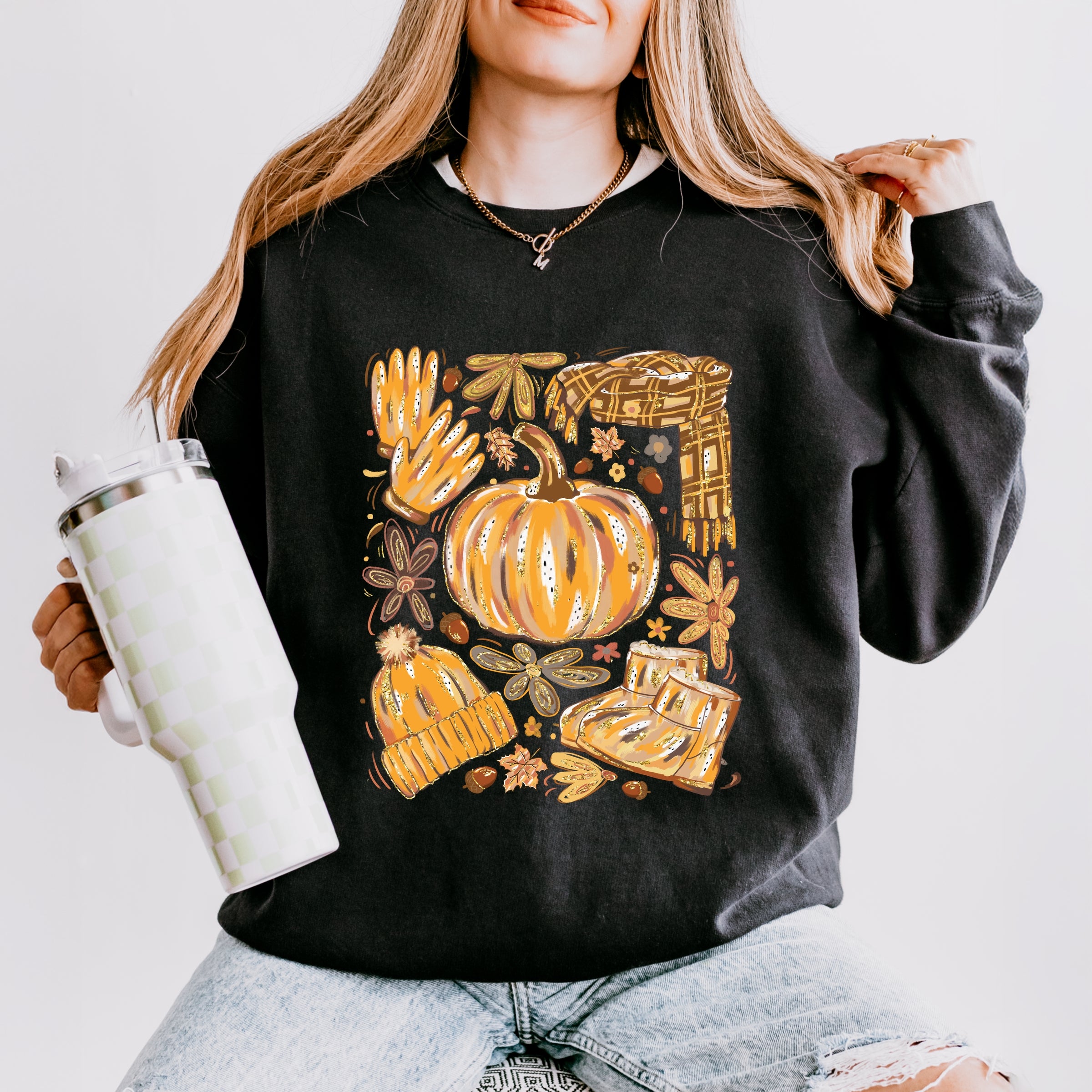 Fall Pumpkin Collage Glitter - Women's Lightweight Garment Dyed Sweatshirt