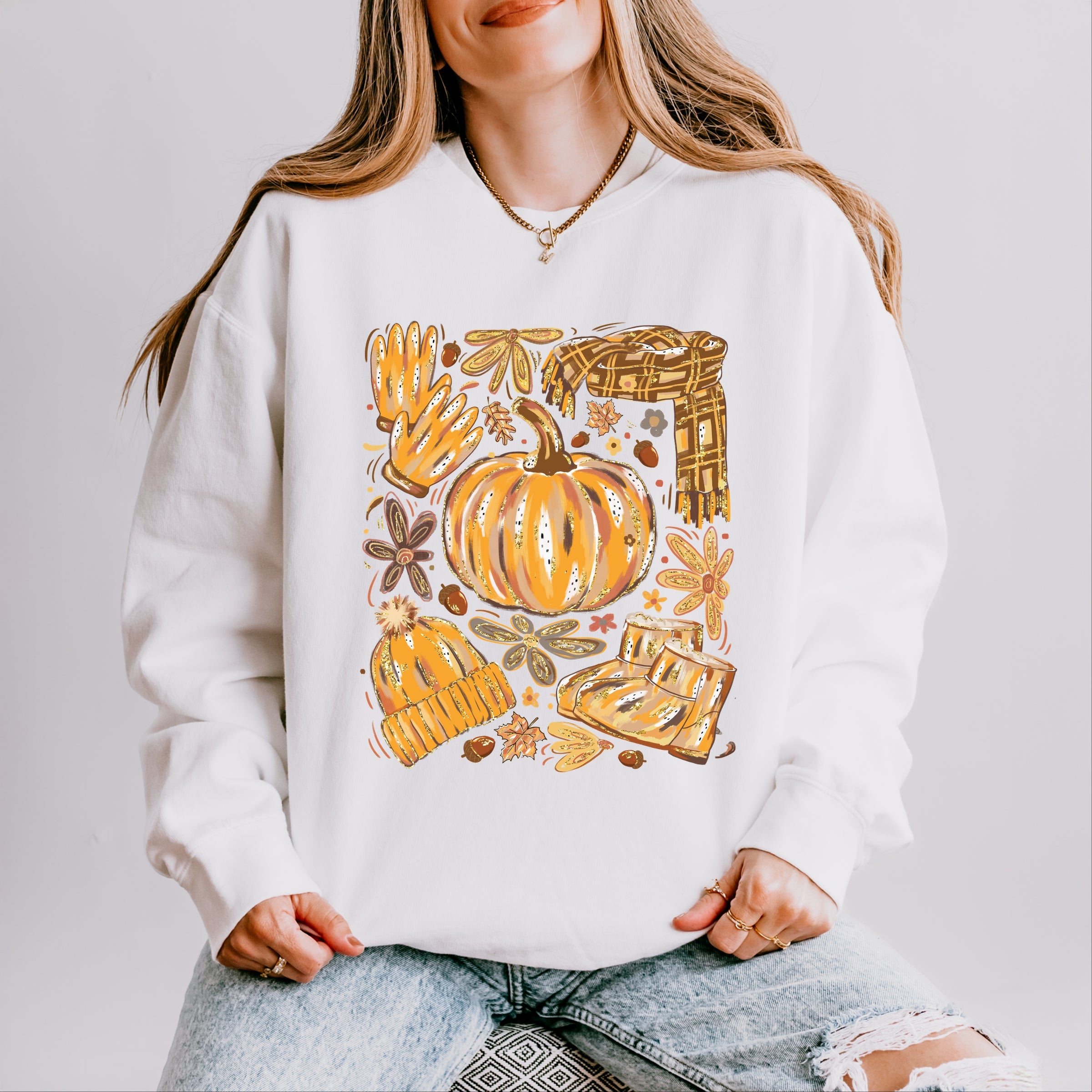 Fall Pumpkin Collage Glitter - Women's Lightweight Garment Dyed Sweatshirt