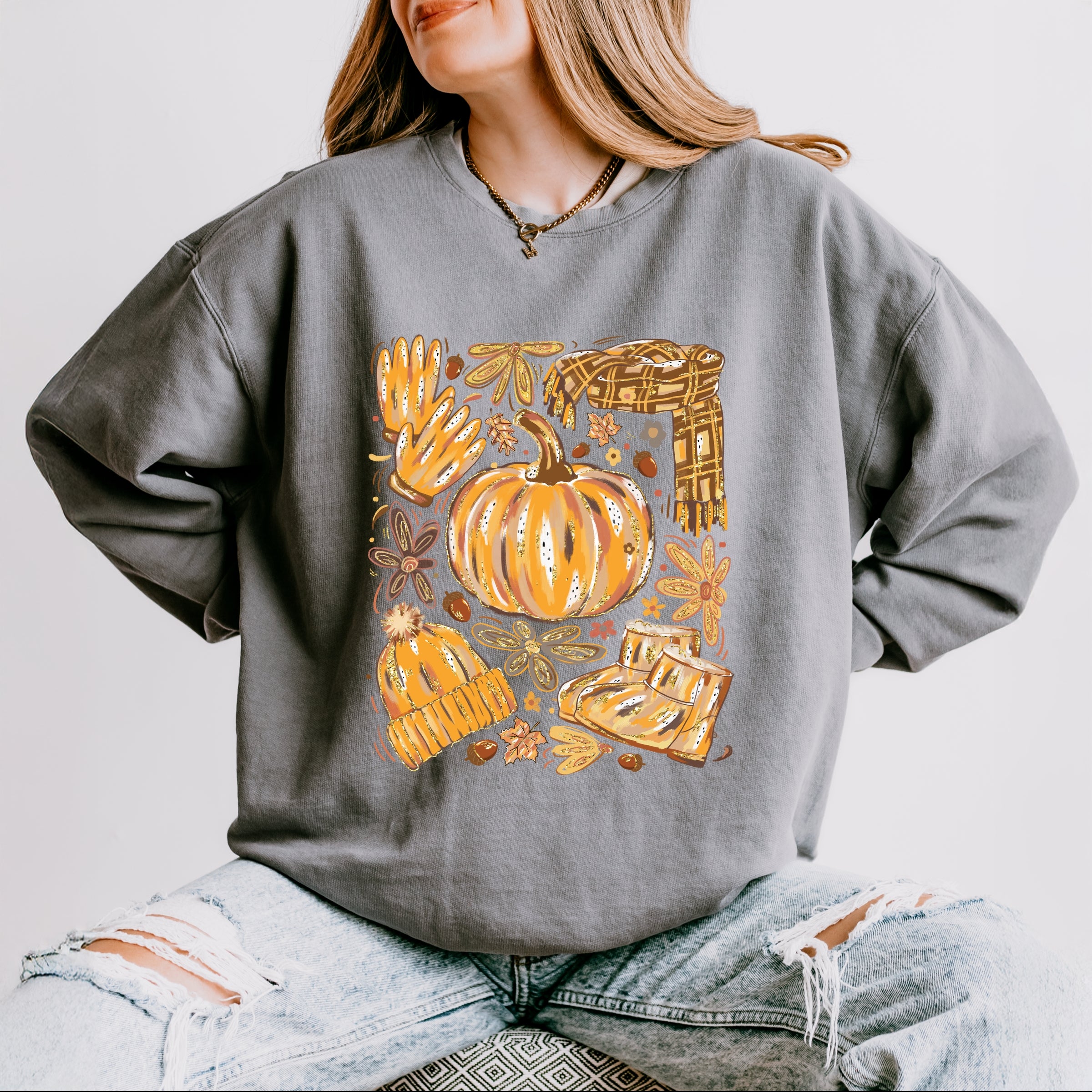 Fall Pumpkin Collage Glitter - Women's Lightweight Garment Dyed Sweatshirt