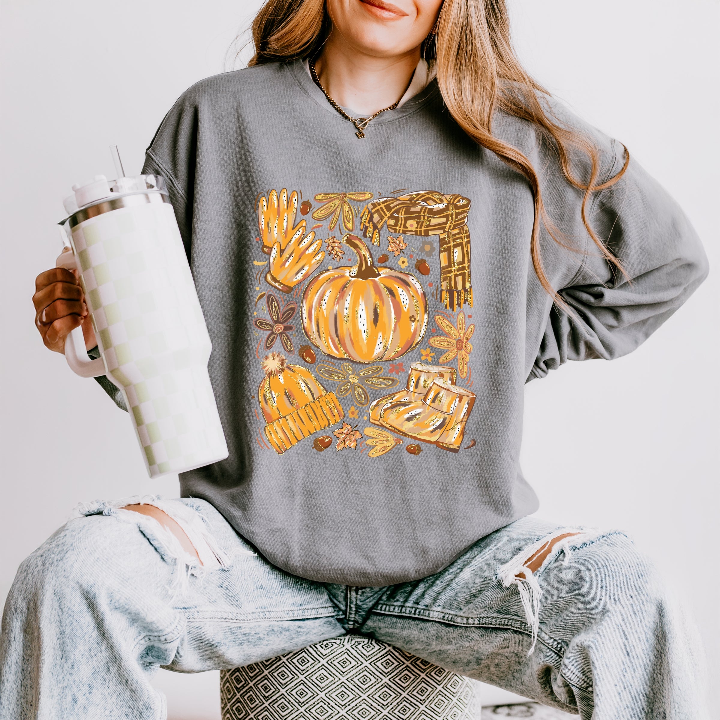 Fall Pumpkin Collage Glitter - Women's Lightweight Garment Dyed Sweatshirt
