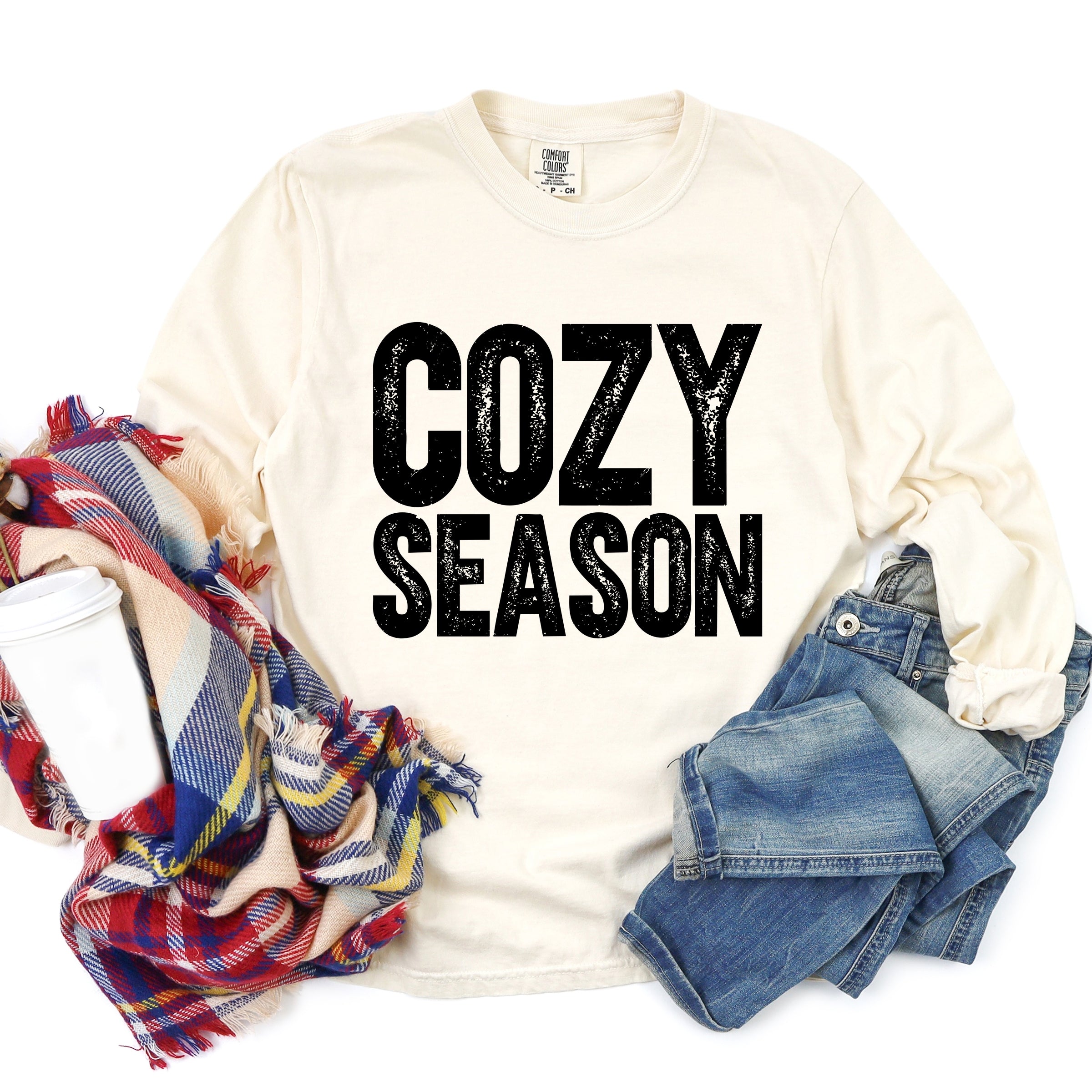 Cozy Season Bold Distressed - Women's Garment Dyed Long Sleeve Graphic T-Shirt