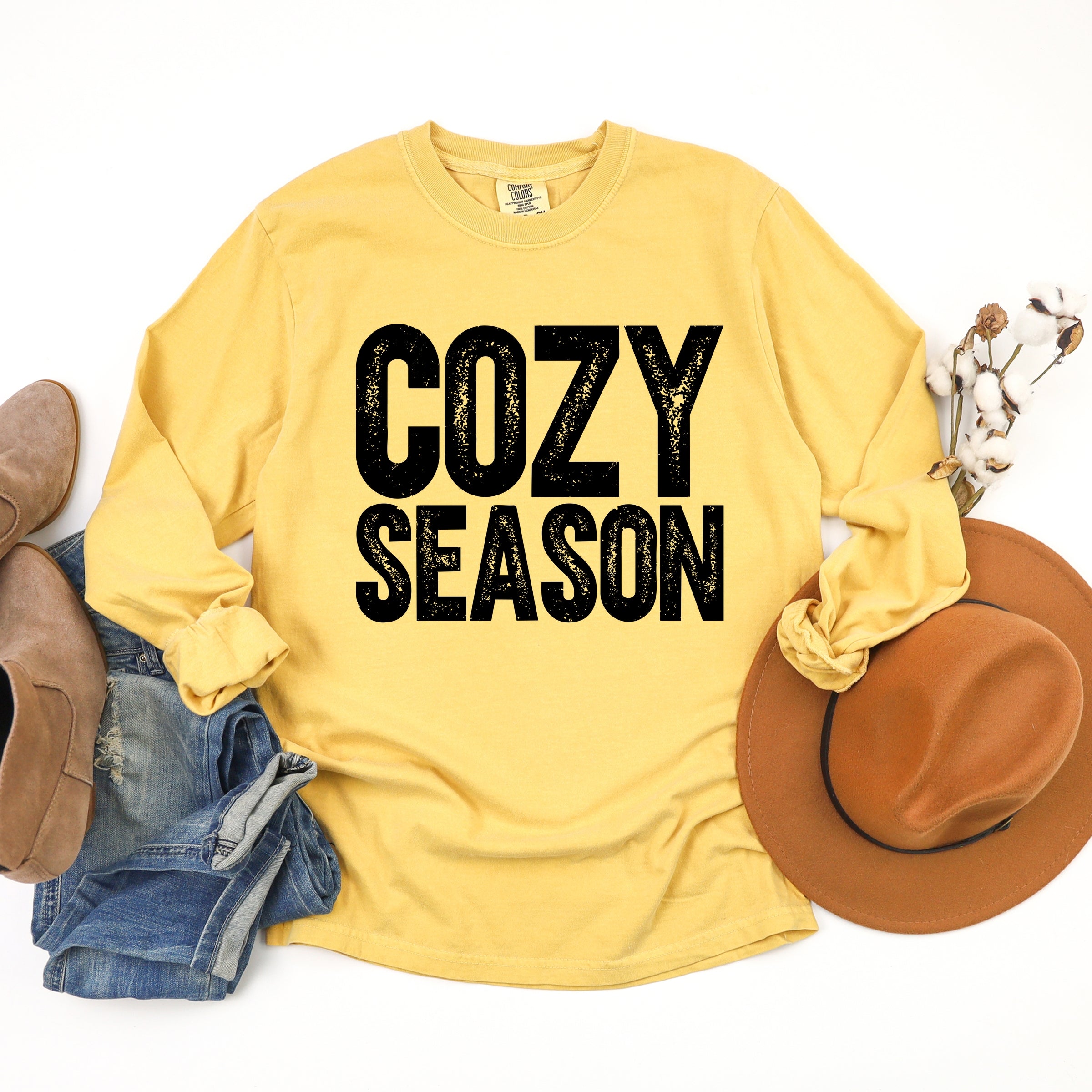 Cozy Season Bold Distressed - Women's Garment Dyed Long Sleeve Graphic T-Shirt