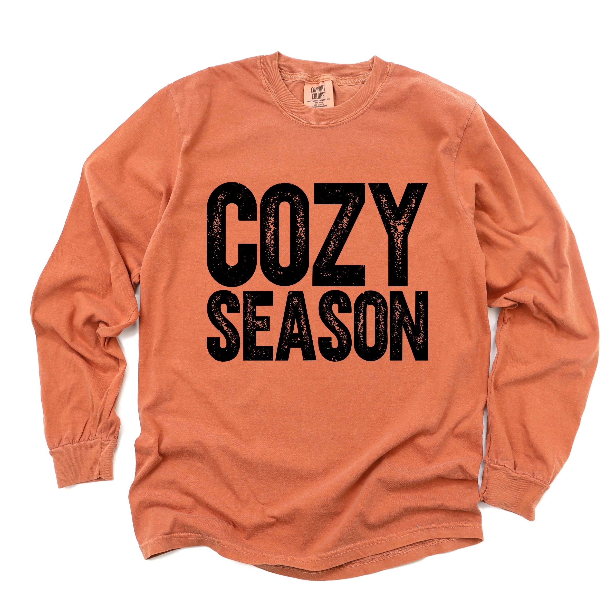 Cozy Season Bold Distressed - Women's Garment Dyed Long Sleeve Graphic T-Shirt