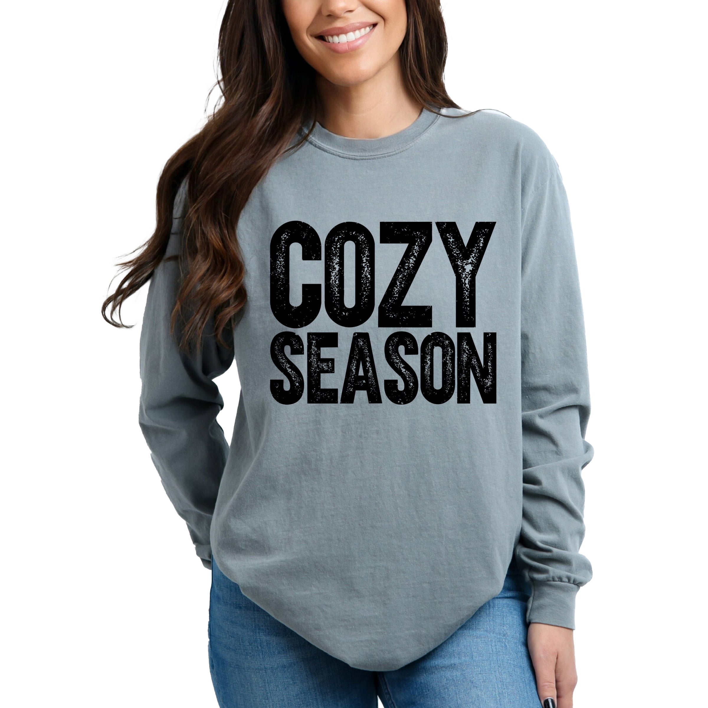 Cozy Season Bold Distressed - Women's Garment Dyed Long Sleeve Graphic T-Shirt