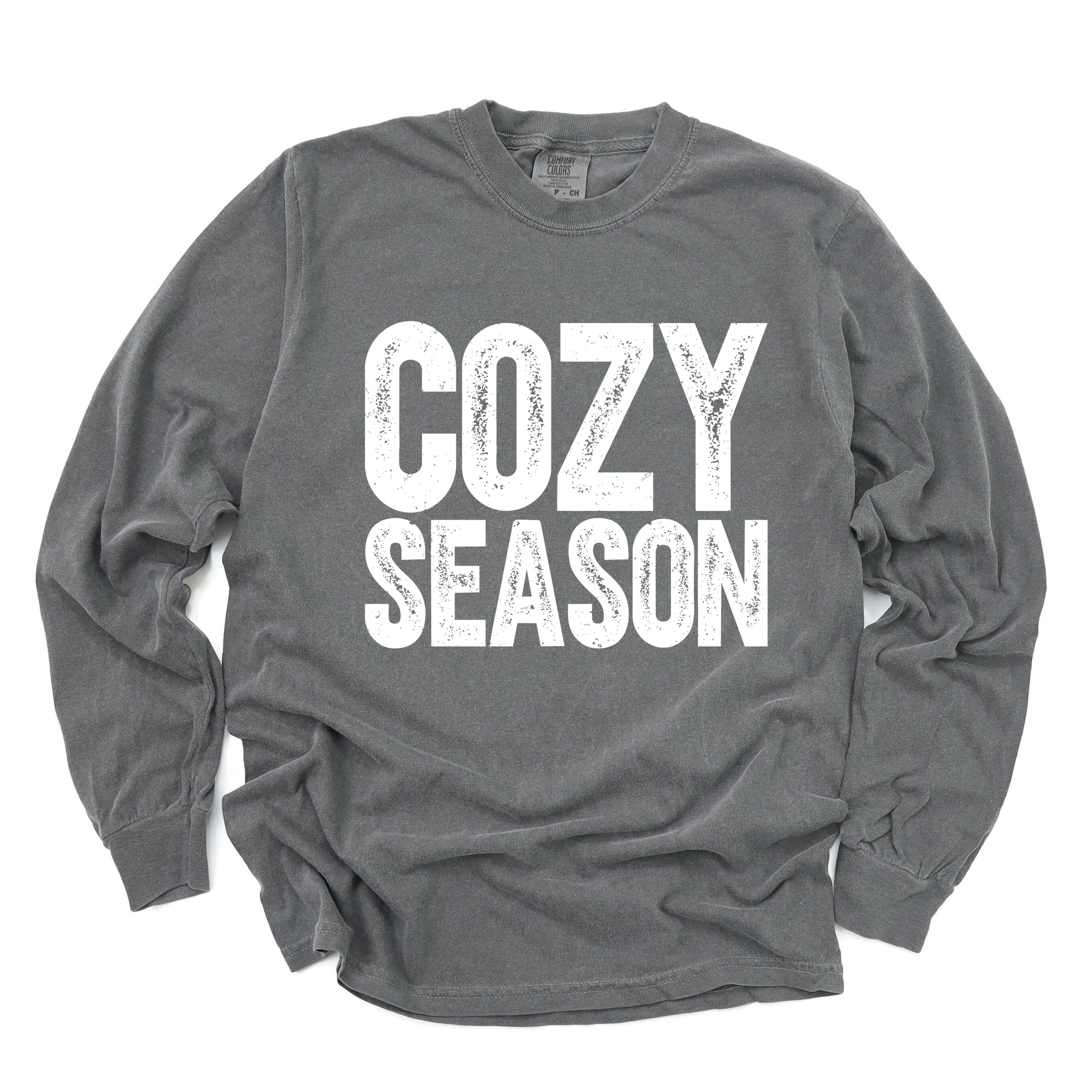 Cozy Season Bold Distressed - Women's Garment Dyed Long Sleeve Graphic T-Shirt