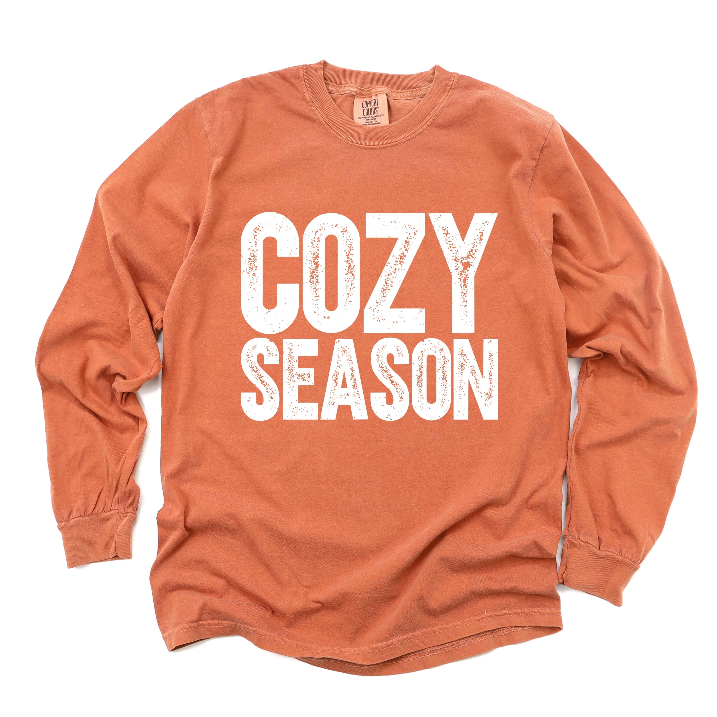 Cozy Season Bold Distressed - Women's Garment Dyed Long Sleeve Graphic T-Shirt