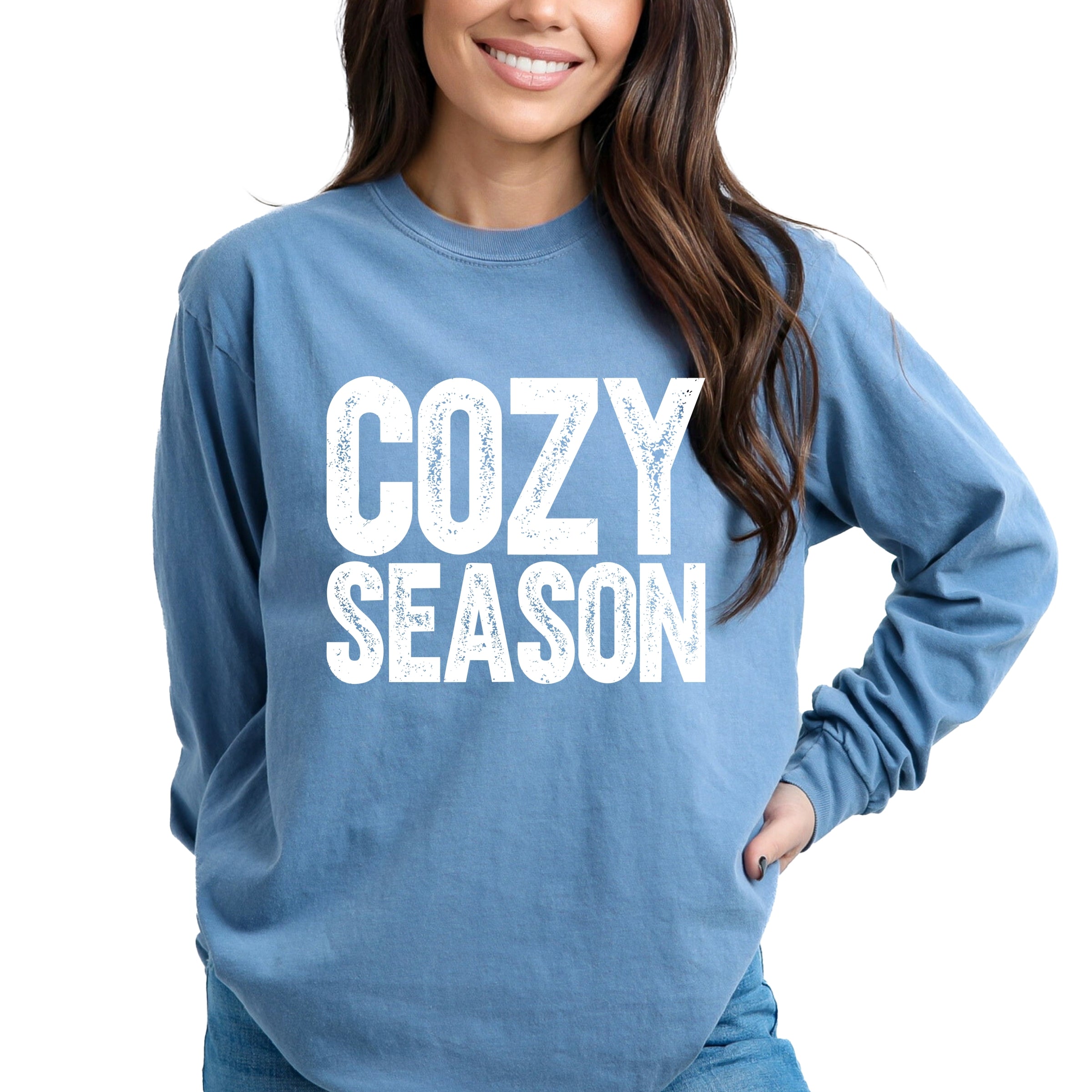 Cozy Season Bold Distressed - Women's Garment Dyed Long Sleeve Graphic T-Shirt