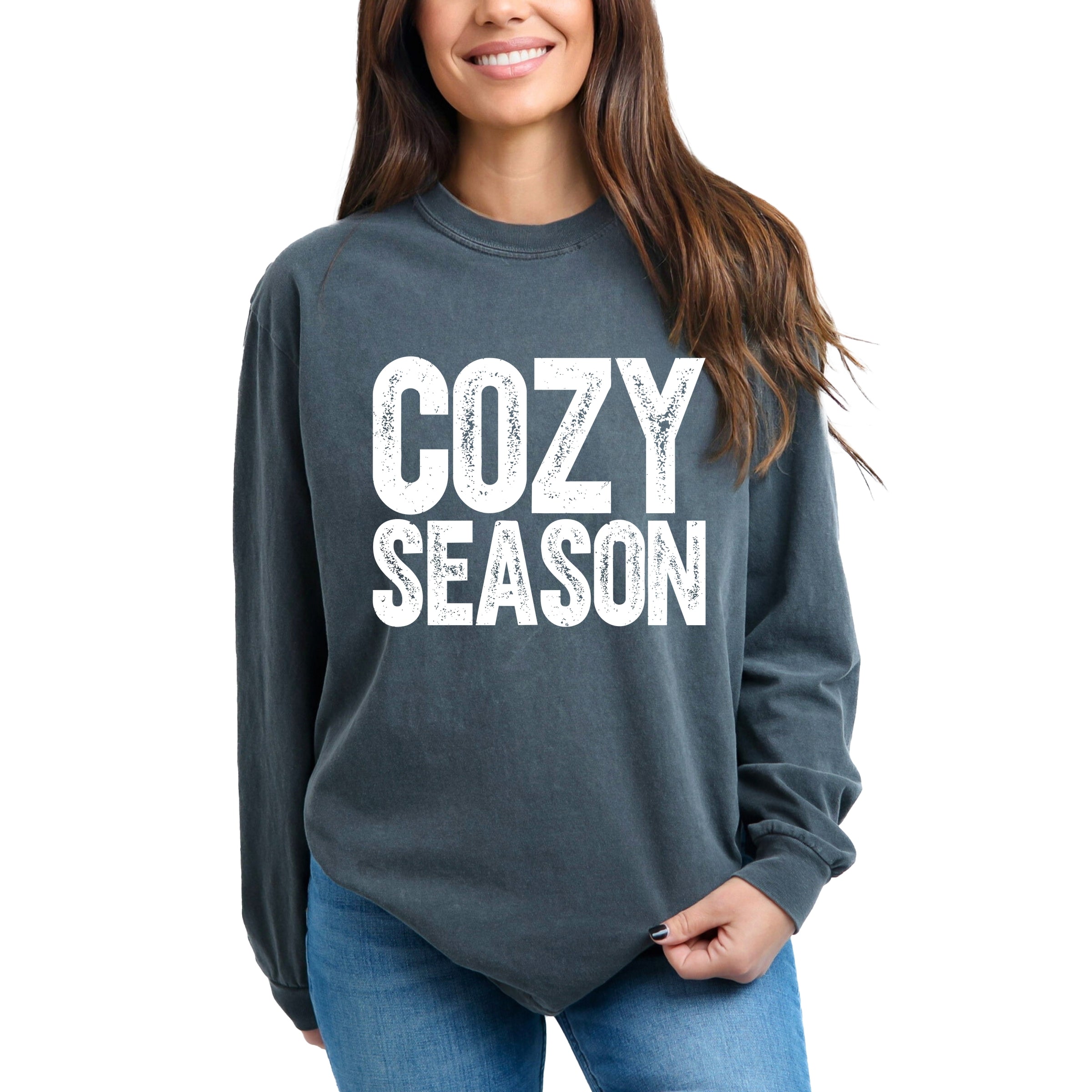 Cozy Season Bold Distressed - Women's Garment Dyed Long Sleeve Graphic T-Shirt