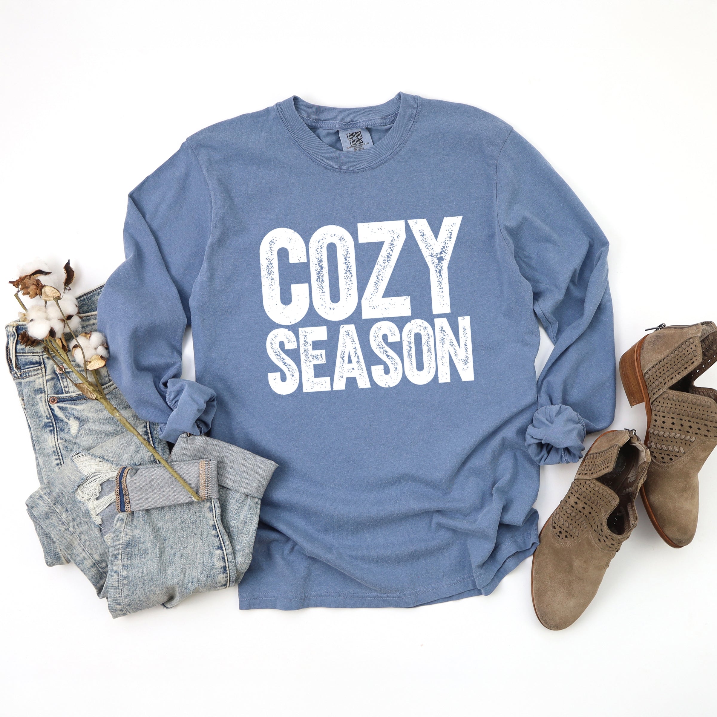 Cozy Season Bold Distressed - Women's Garment Dyed Long Sleeve Graphic T-Shirt