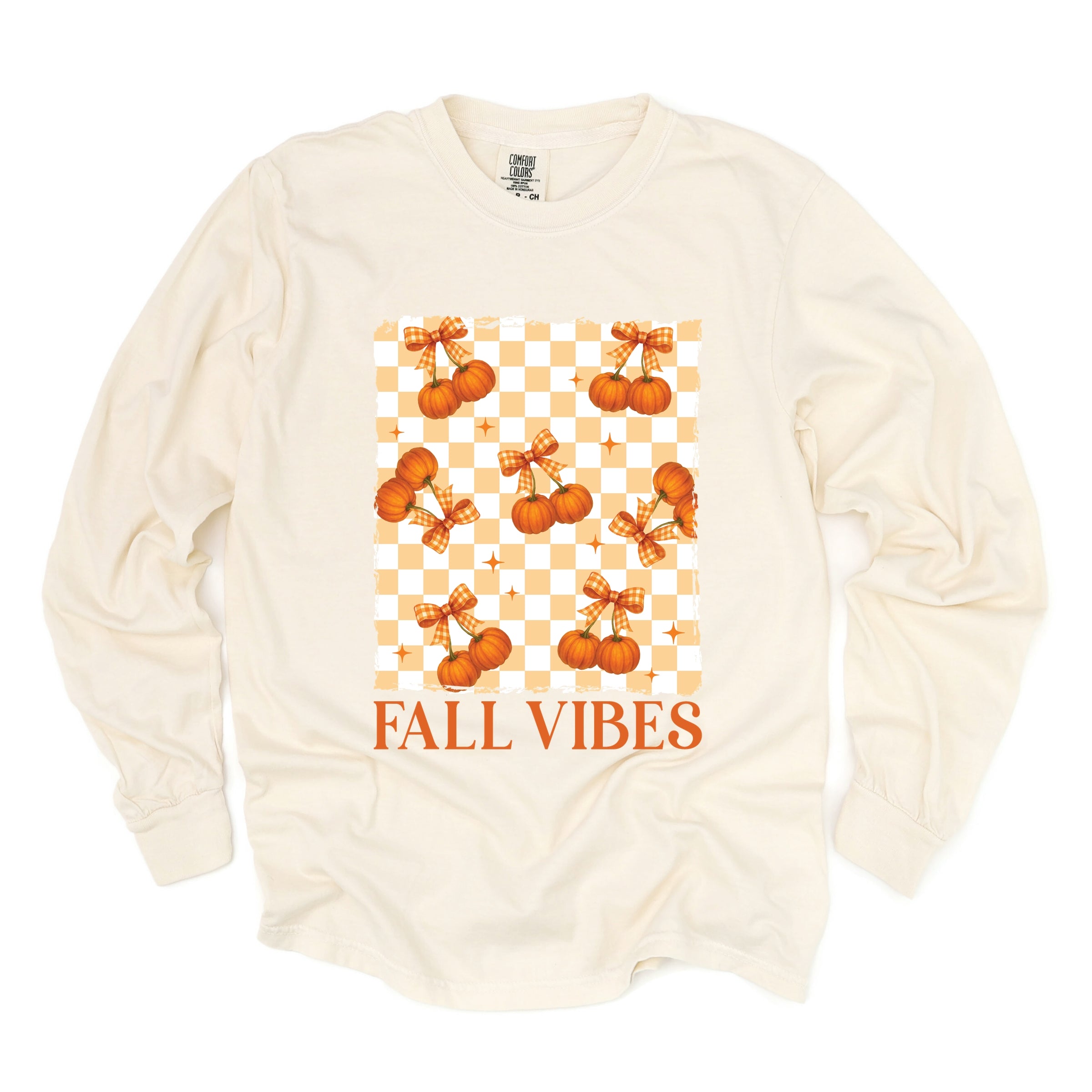 Fall Vibes Checked Pumpkins - Women's Garment Dyed Long Sleeve Graphic T-Shirt