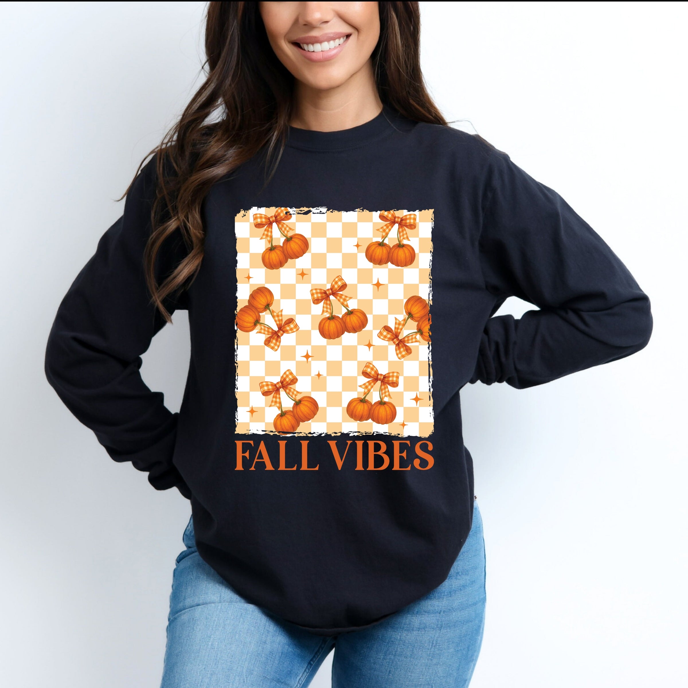 Fall Vibes Checked Pumpkins - Women's Garment Dyed Long Sleeve Graphic T-Shirt