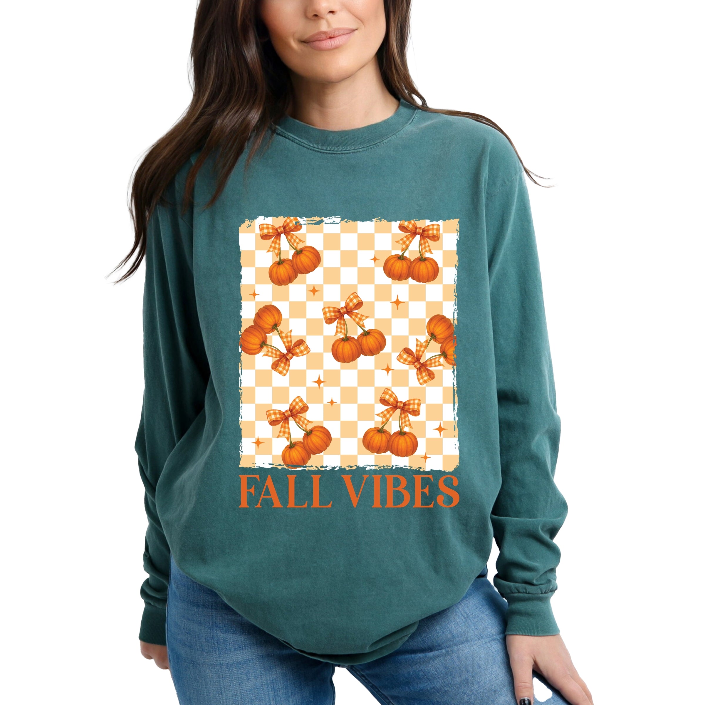 Fall Vibes Checked Pumpkins - Women's Garment Dyed Long Sleeve Graphic T-Shirt