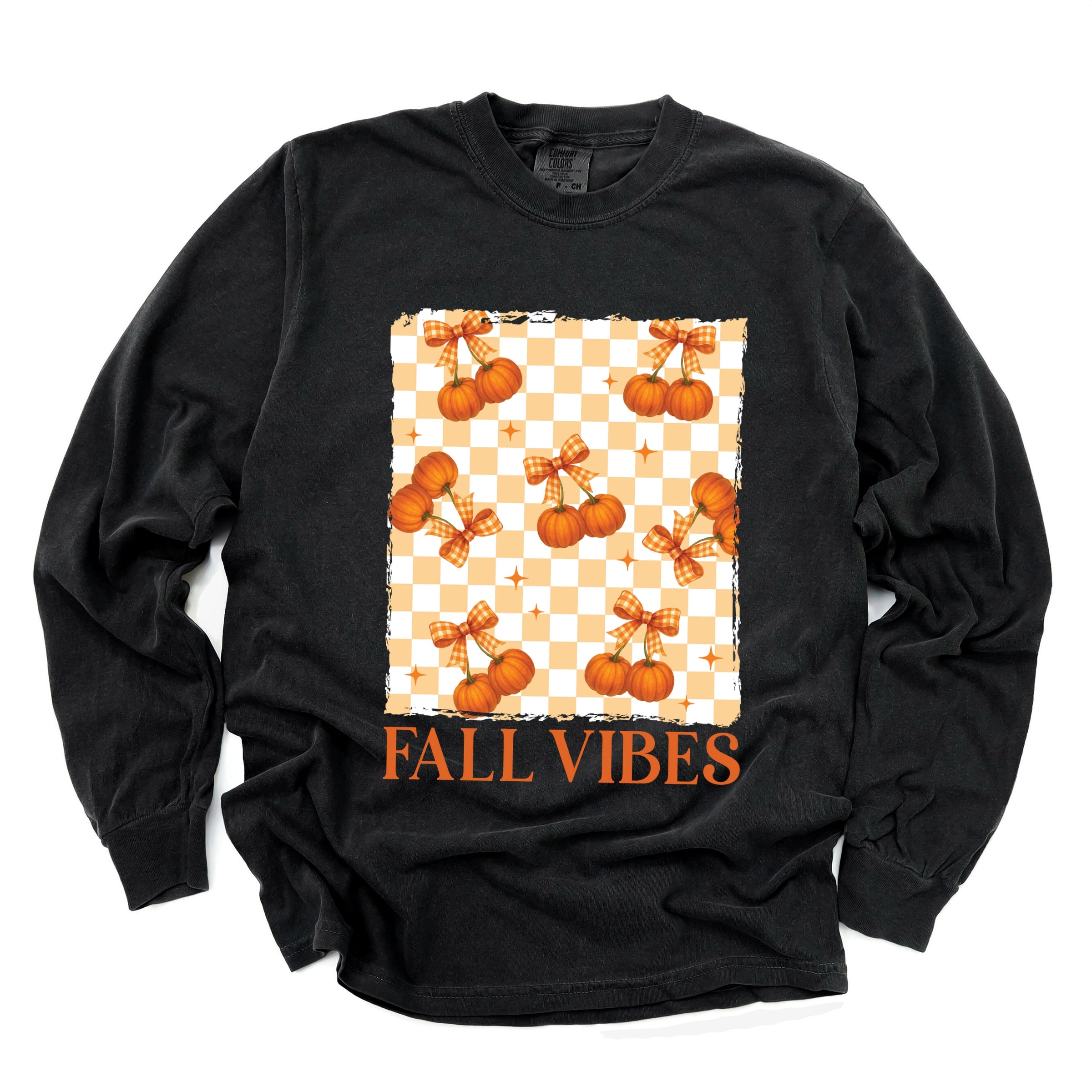 Fall Vibes Checked Pumpkins - Women's Garment Dyed Long Sleeve Graphic T-Shirt