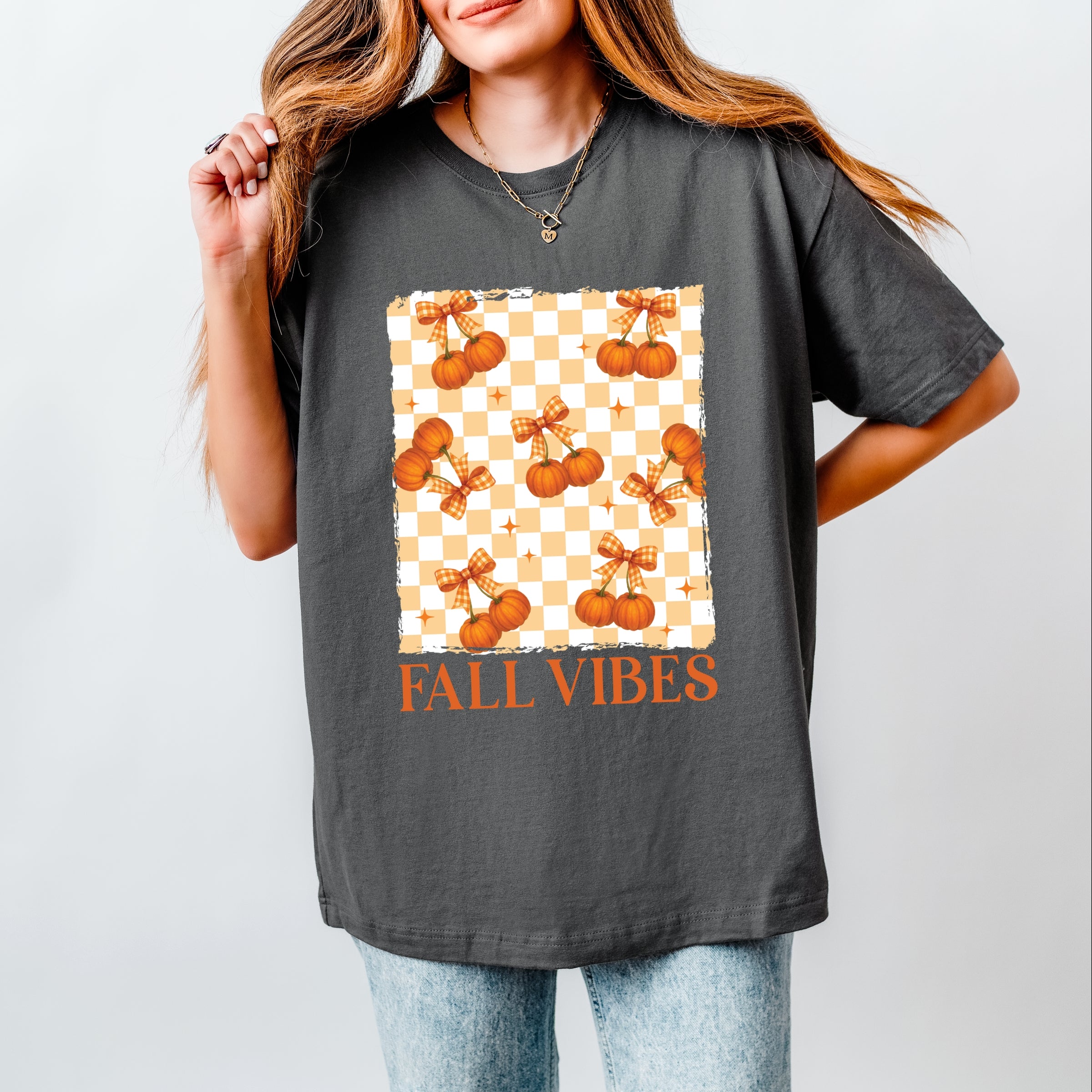 Fall Vibes Checked Pumpkins - Women's Heavyweight Graphic T-Shirt