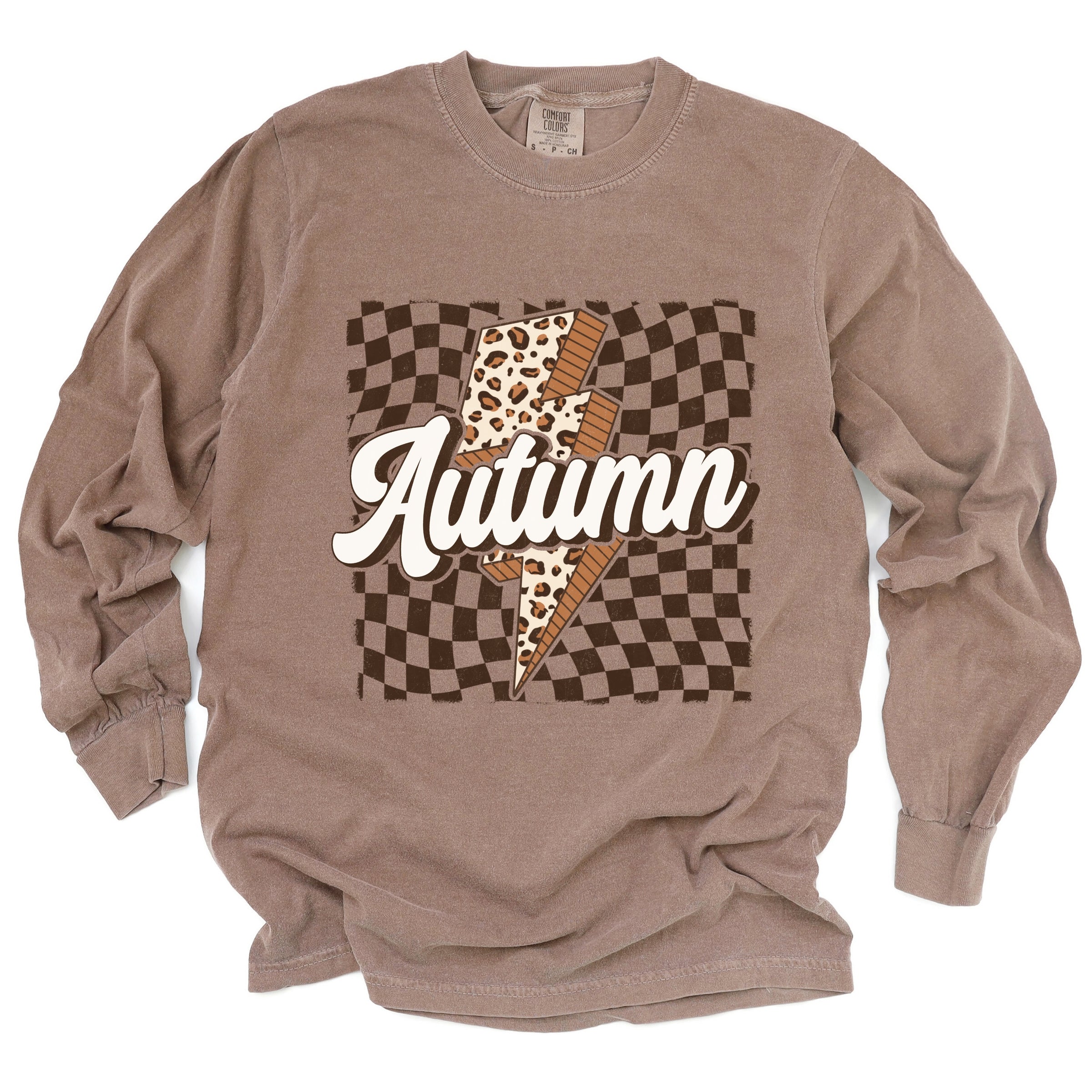 Autumn Lightning Checkered - Women's Garment Dyed Long Sleeve Graphic T-Shirt