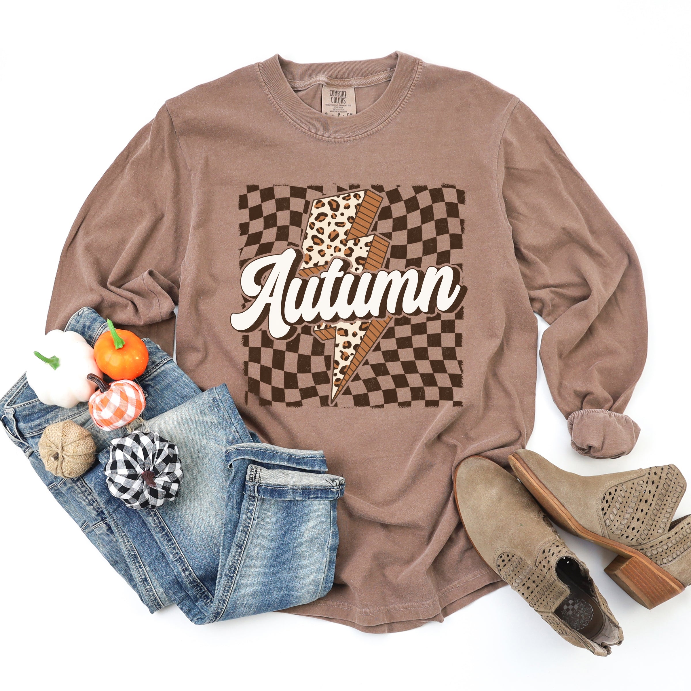 Autumn Lightning Checkered - Women's Garment Dyed Long Sleeve Graphic T-Shirt