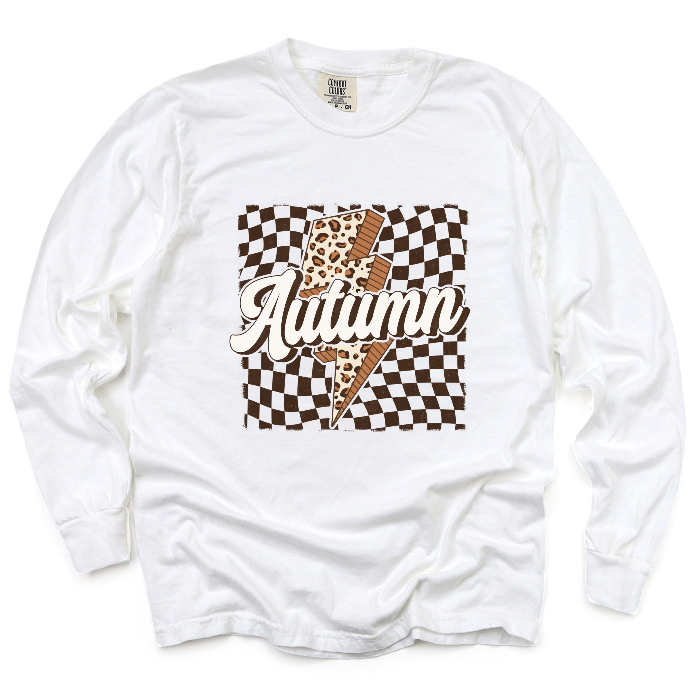 Autumn Lightning Checkered - Women's Garment Dyed Long Sleeve Graphic T-Shirt