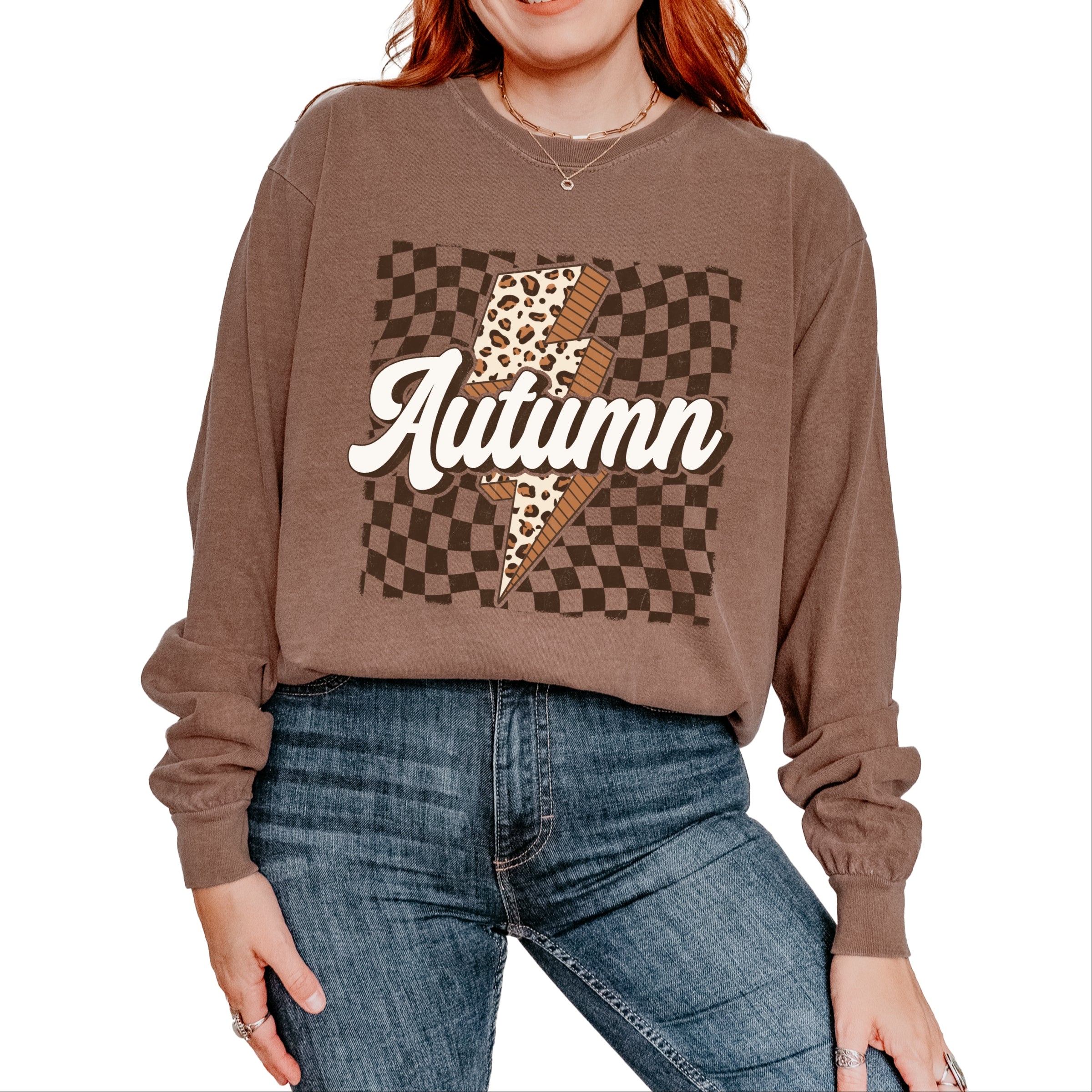 Autumn Lightning Checkered - Women's Garment Dyed Long Sleeve Graphic T-Shirt