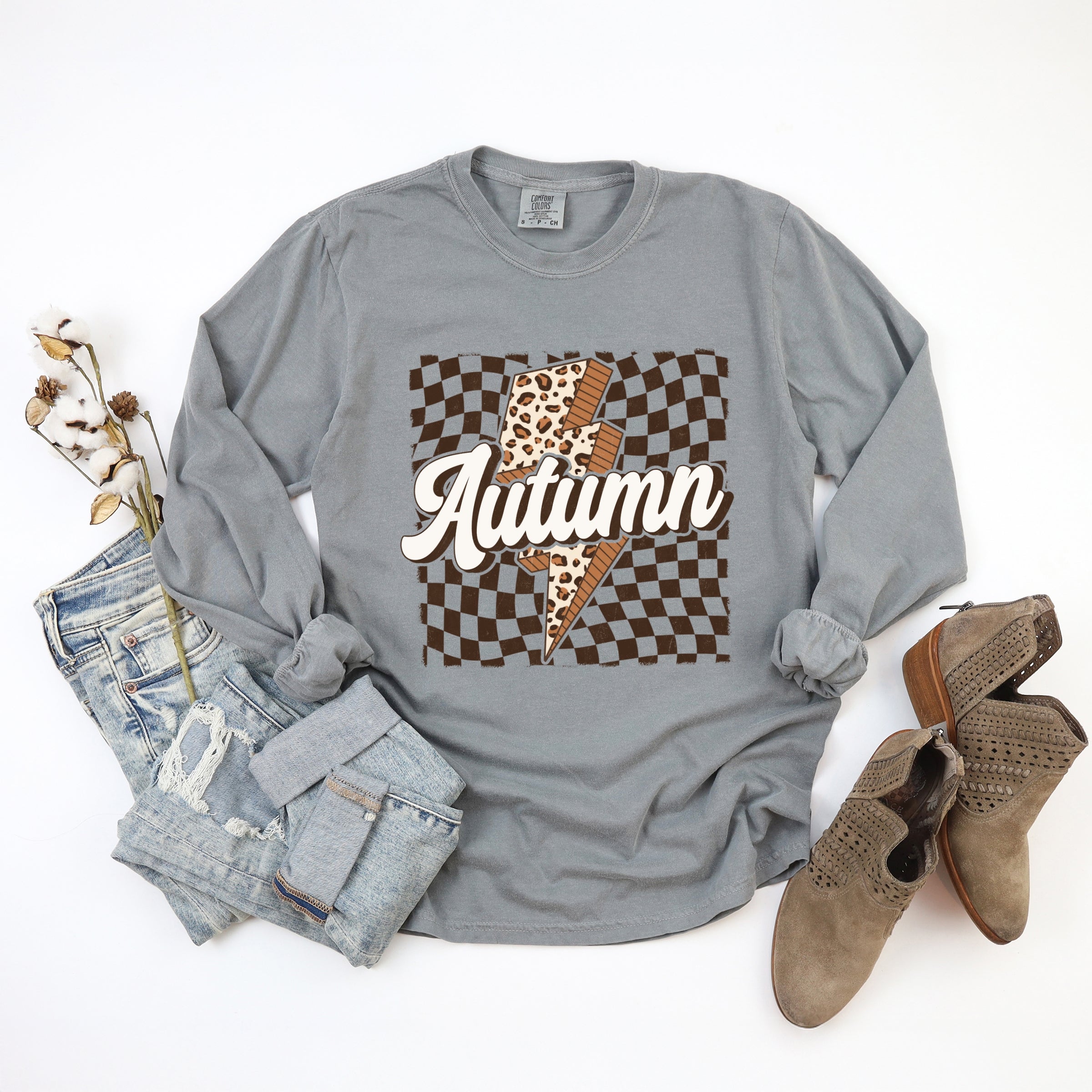 Autumn Lightning Checkered - Women's Garment Dyed Long Sleeve Graphic T-Shirt