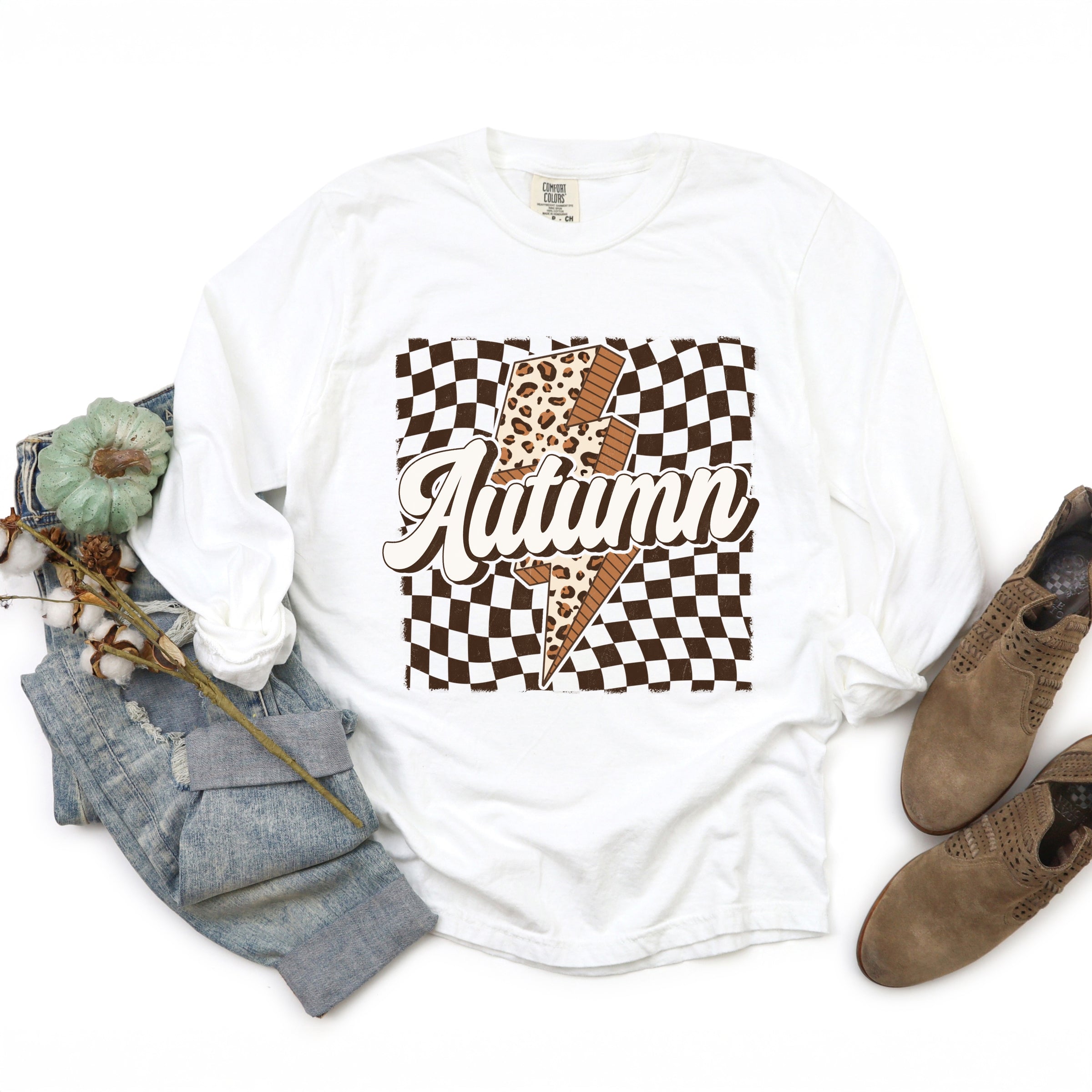 Autumn Lightning Checkered - Women's Garment Dyed Long Sleeve Graphic T-Shirt