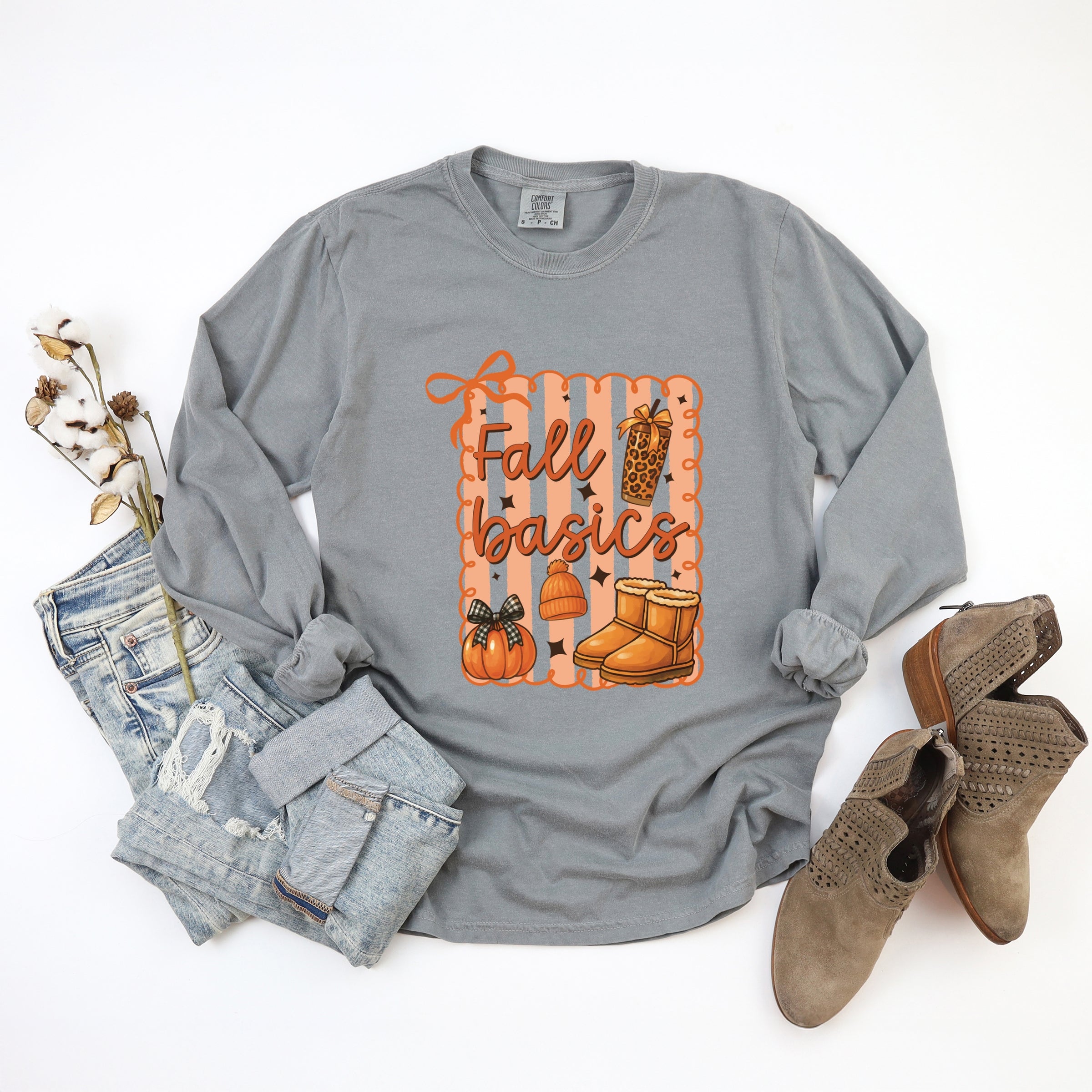 Fall Basics Boots Striped - Women's Garment Dyed Long Sleeve Graphic T-Shirt